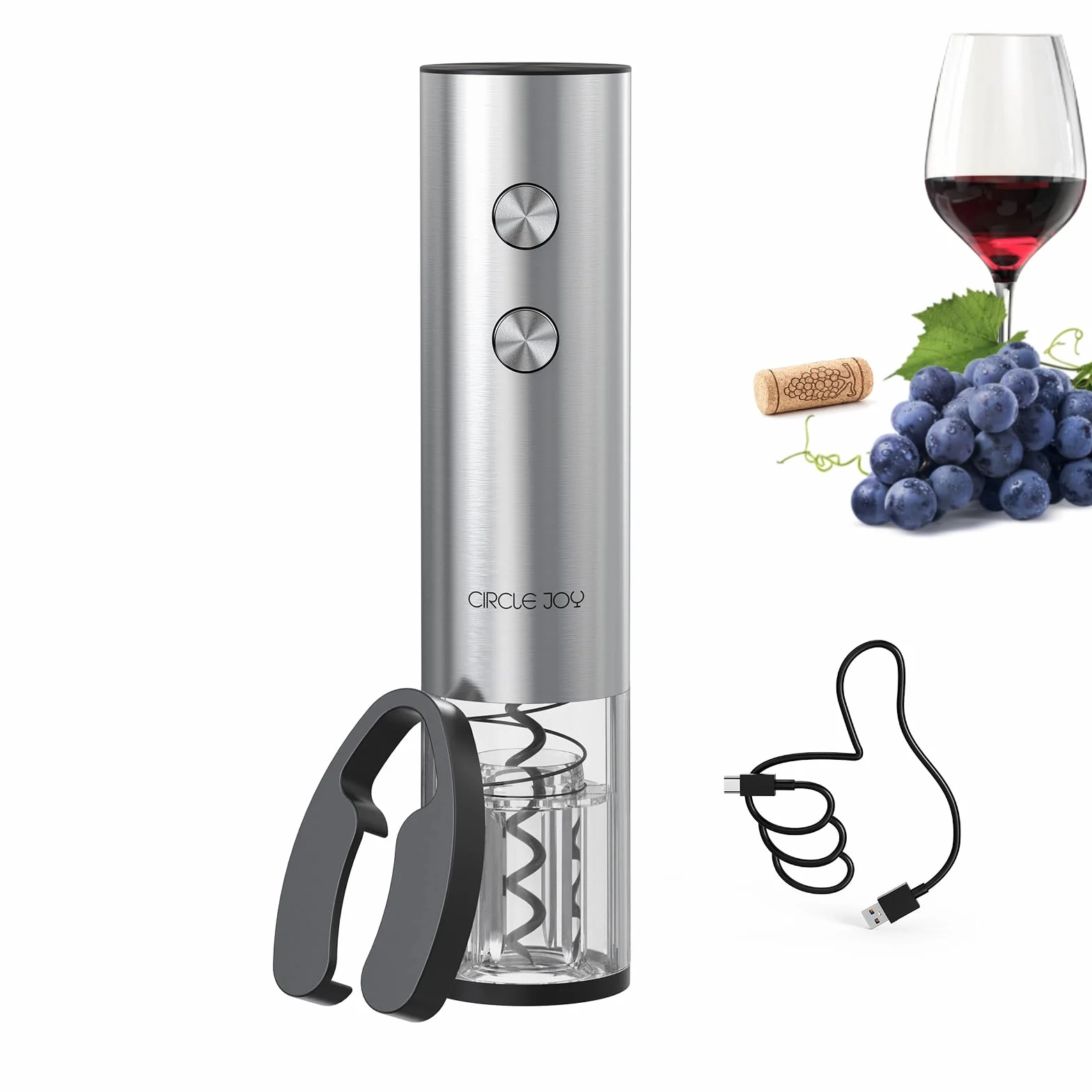 CIRCLE JOY Cavatappi elettrico con taglierina per capsula, apribottiglie in acciaio inox ricaricabile USB per casa e feste