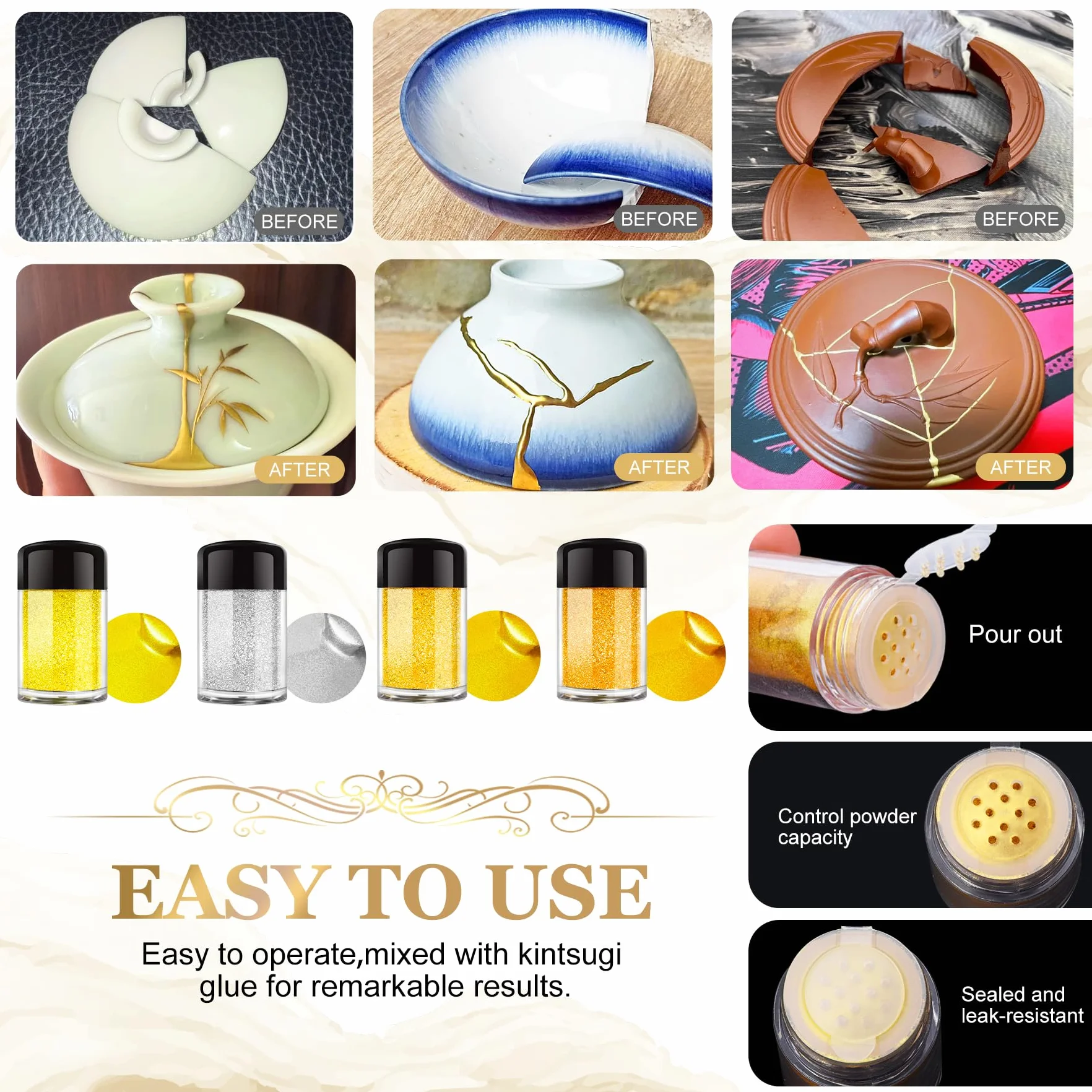 Kit di Riparazione Kintsugi Nuovo, Kit Kintsugi Giapponese con 50ml Colla Ceramica per Alimenti, 4 Colori Polveri (Oro/Argento/Mica) per Riparare Ceramica/Porcellana/Gioielli/Vetro, Per Principianti