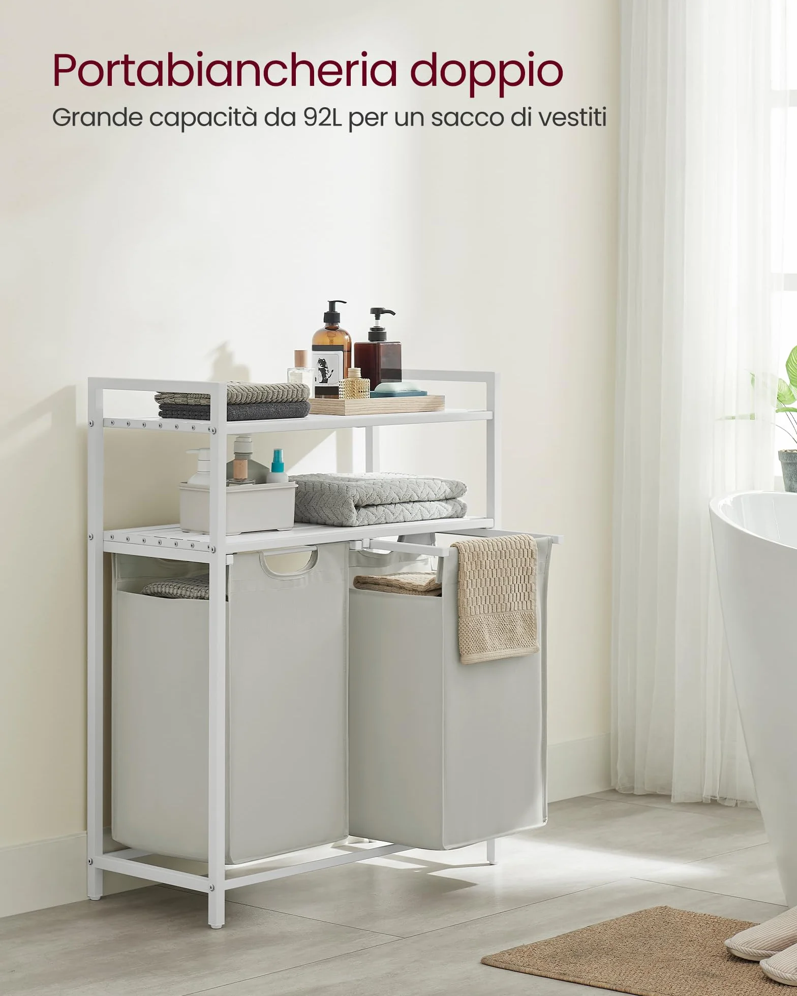 VASAGLE Cesto Portabiancheria, Porta Biancheria con 2 Sacchi Estraibili e Rimovibili, 2 Ripiani Portaoggetti, 46L per Sacco, per Bagno, Lavanderia, Bianco BLH211W01