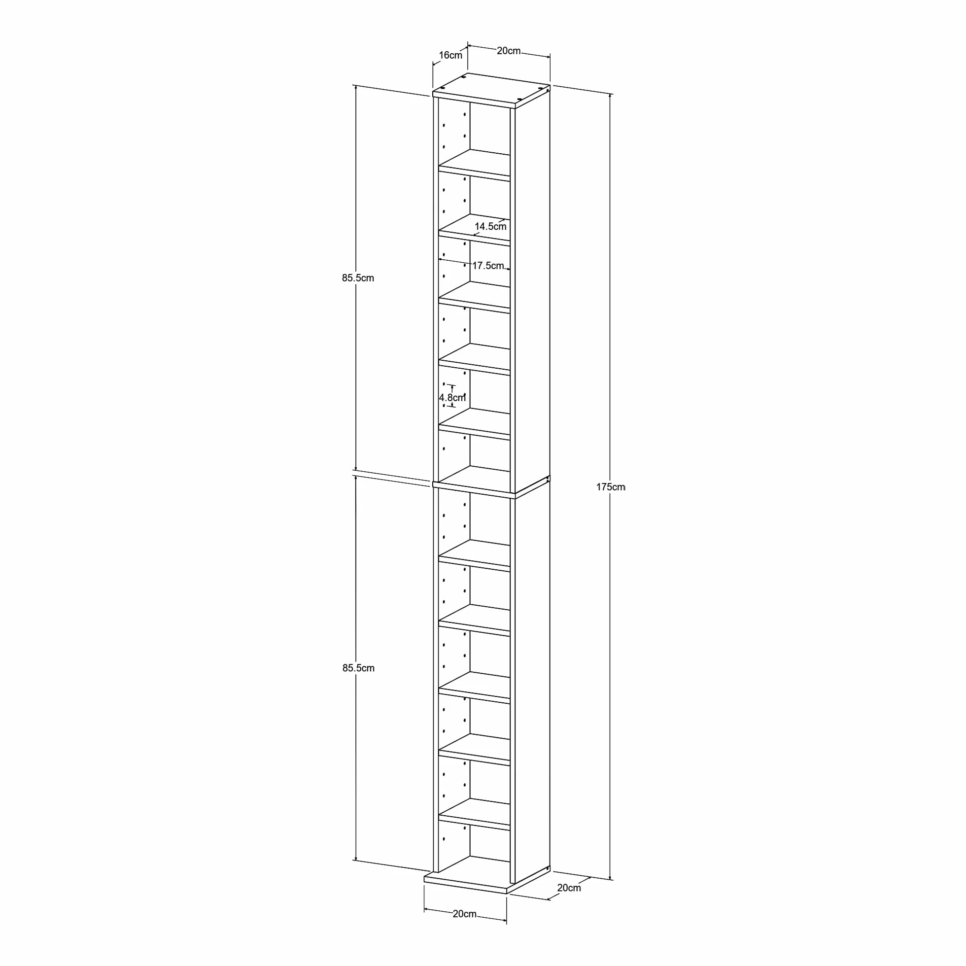 [en.casa] Scaffale a Colonna con 12 Scomparti per CD DVD e Oggetti Decorativi Mobile Alto Salvaspazio con Ripiani Regolabili in Altezza 175 x 20 x 20 cm Bianco