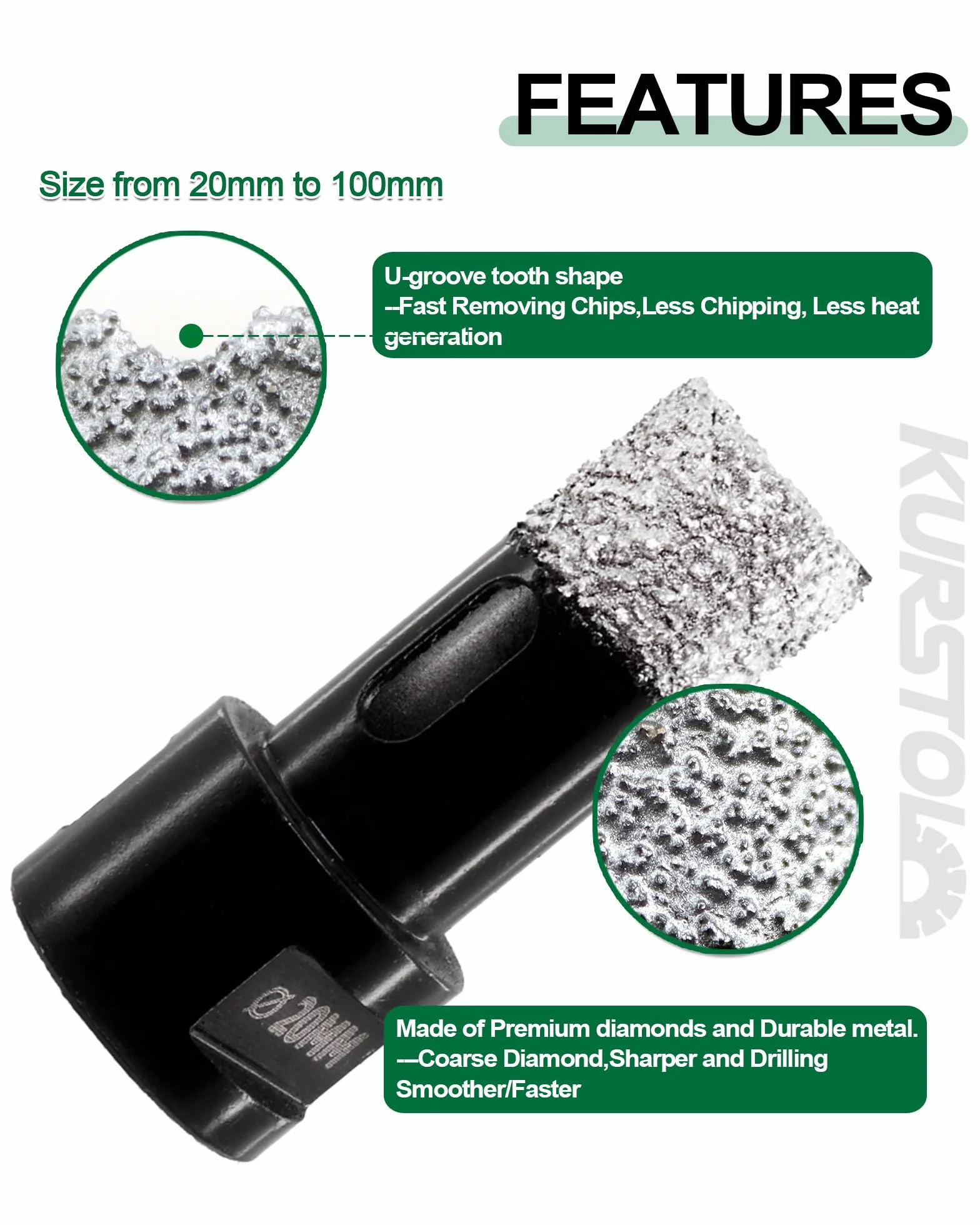 Punta per Trapano Diamantata - 5 PCS Fresa diamantata 20/25/35/50/68mm filettatura M14 per foratura a secco Porcellana Ceramica Granito Marmo Pietra Smerigliatrice angolare