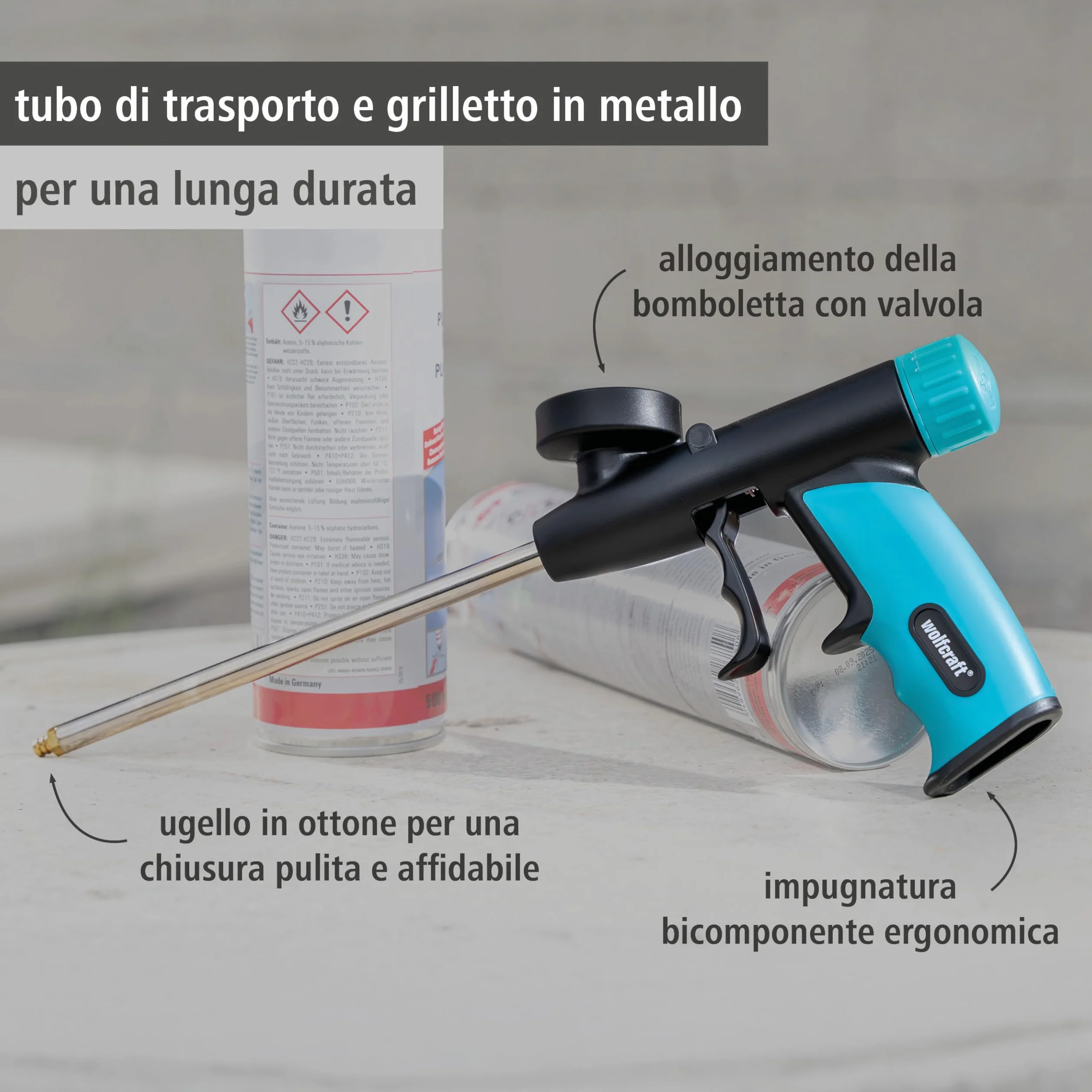wolfcraft Pistola dosatrice per schiuma di montaggio I 4342000 I Per sigillare, isolare e incollare con precisione