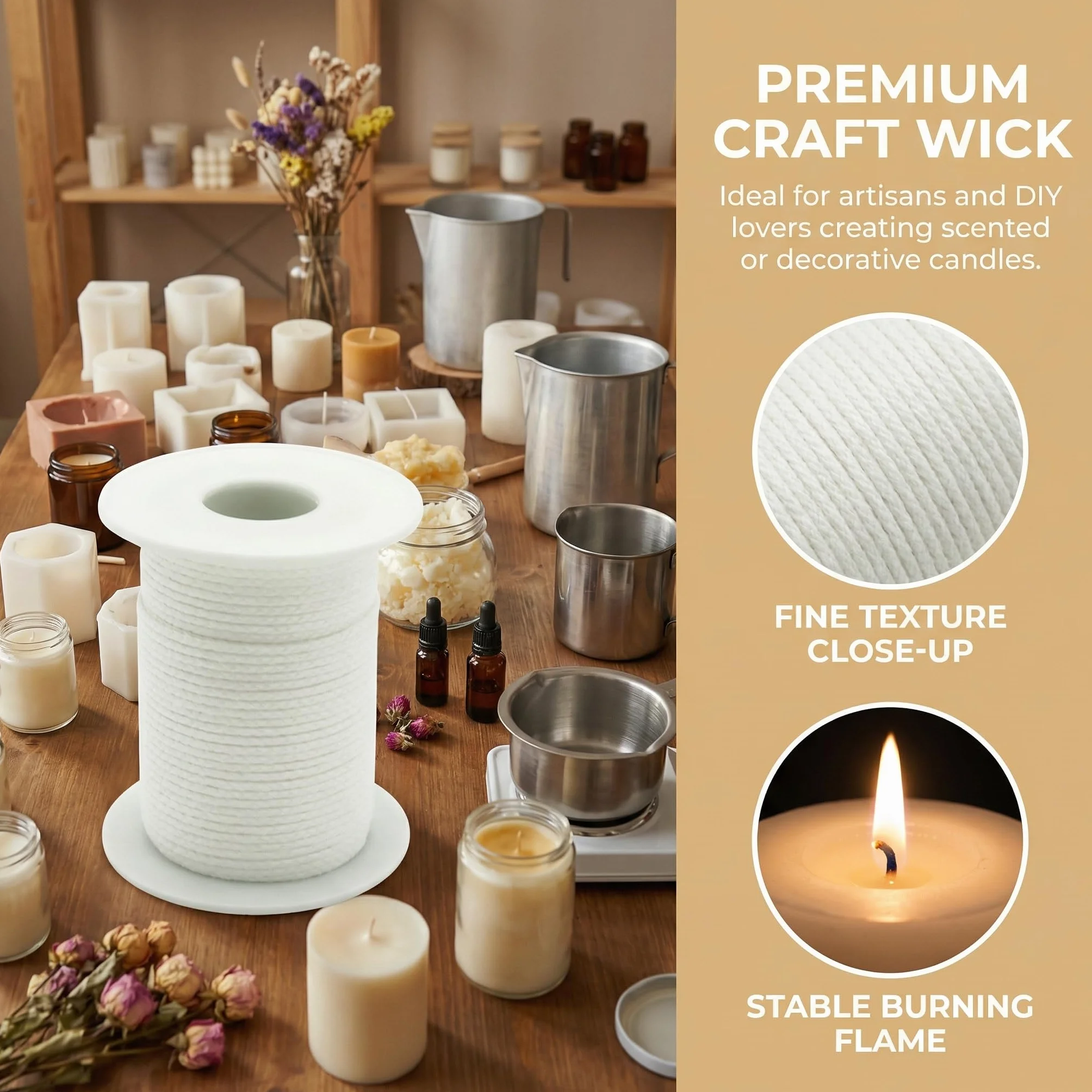 Stoppino per candele,61 m,in cotone,per candele,stoppini per candele, stoppini intrecciati senza fumo,per la produzione di candele, candele profumate fai da te,Con 110 basi per stoppini di candela