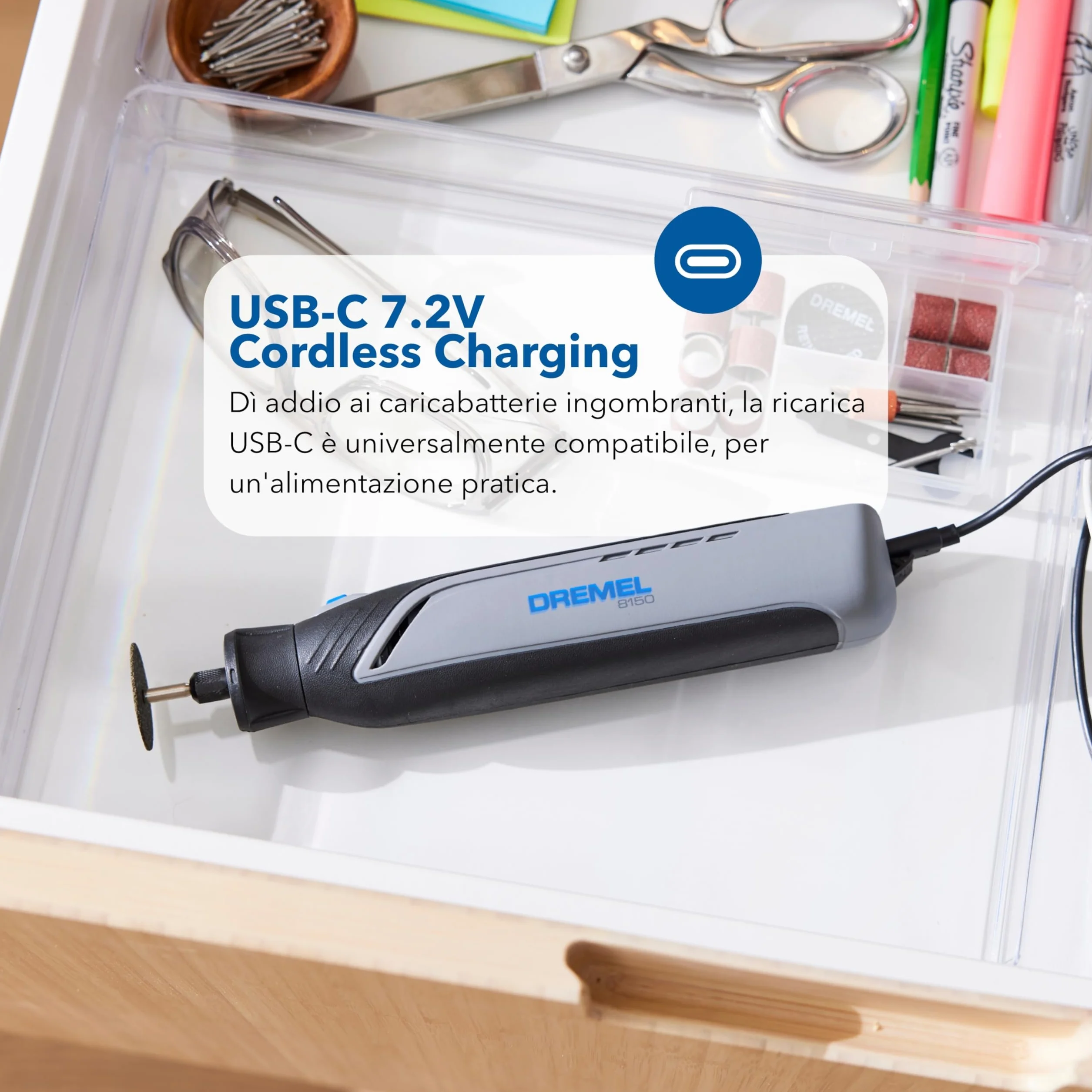 Dremel 8150 Kit utensile rotativo brushless a batteria 7,2 V 2Ah USB-C, 20 accessori, velocità variabile 5.000-30.000 giri/min