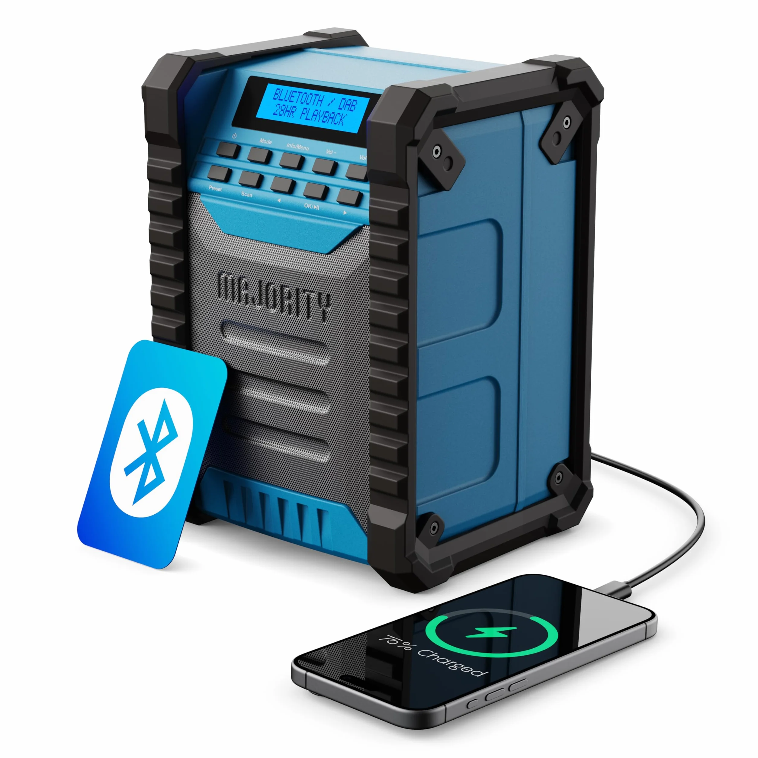 MAJORITY Landbeach radio da cantiere portatile | Batteria da 10.000 mAh DAB/DAB+ & FM radio ricaricabile con Bluetooth | Grado di protezione IP54 contro polvere e acqua.