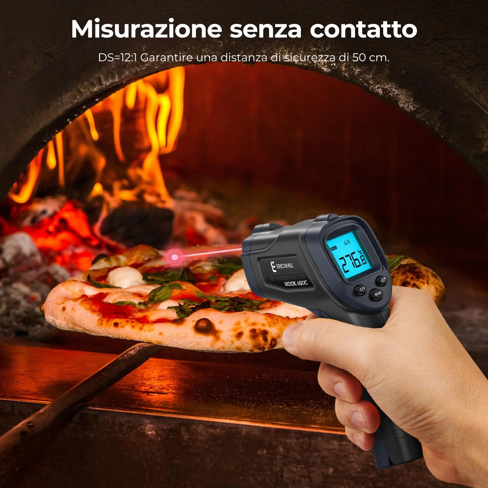 ERICKHILL 600C Termometro a infrarossi -50°C a 600°C Emissività regolabile Laser Senza Contatto LCD retroilluminato