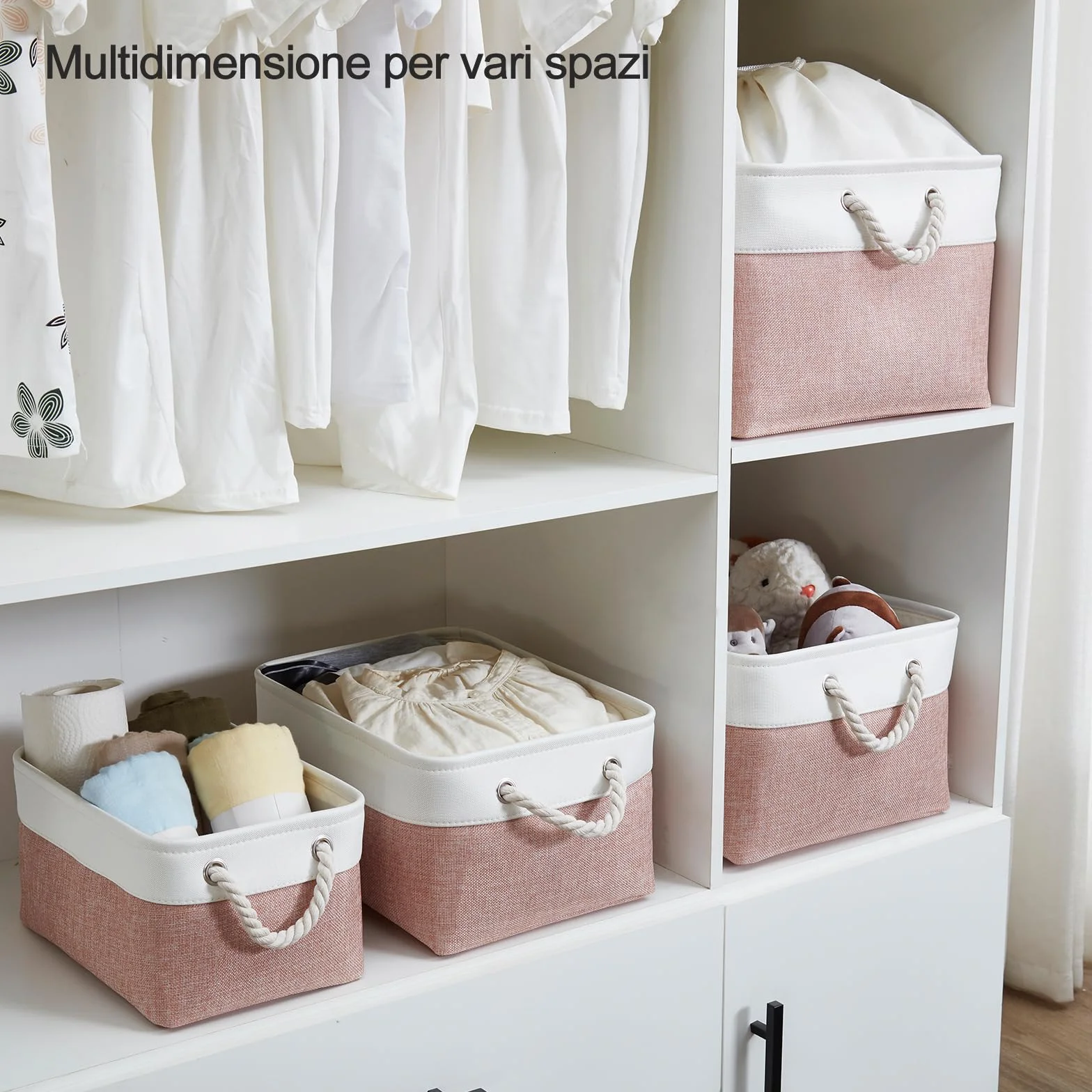 Mangata Scatole portaoggetti in tessuto morbido, multidimensione, contenitori rettangolari per scaffali, armadi, giocattoli e vestiti, 36 x 26 x 18 cm, rosa e bianco (medio, confezione da 3)