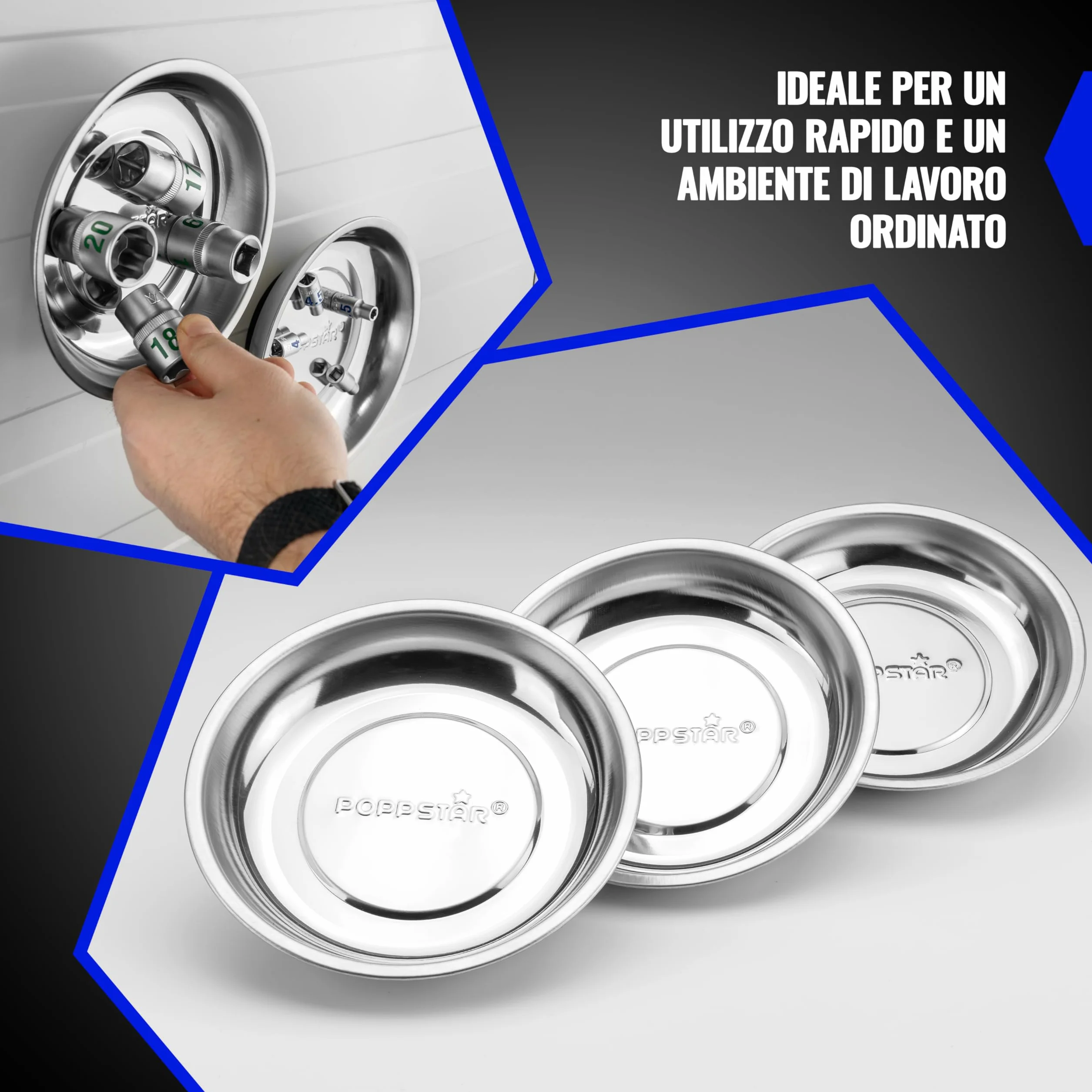 Poppstar 3x Vassoi magnetici per officina, rotondi, diametro 150mm, profondità: 23mm, materiale: acciaio inossidabile