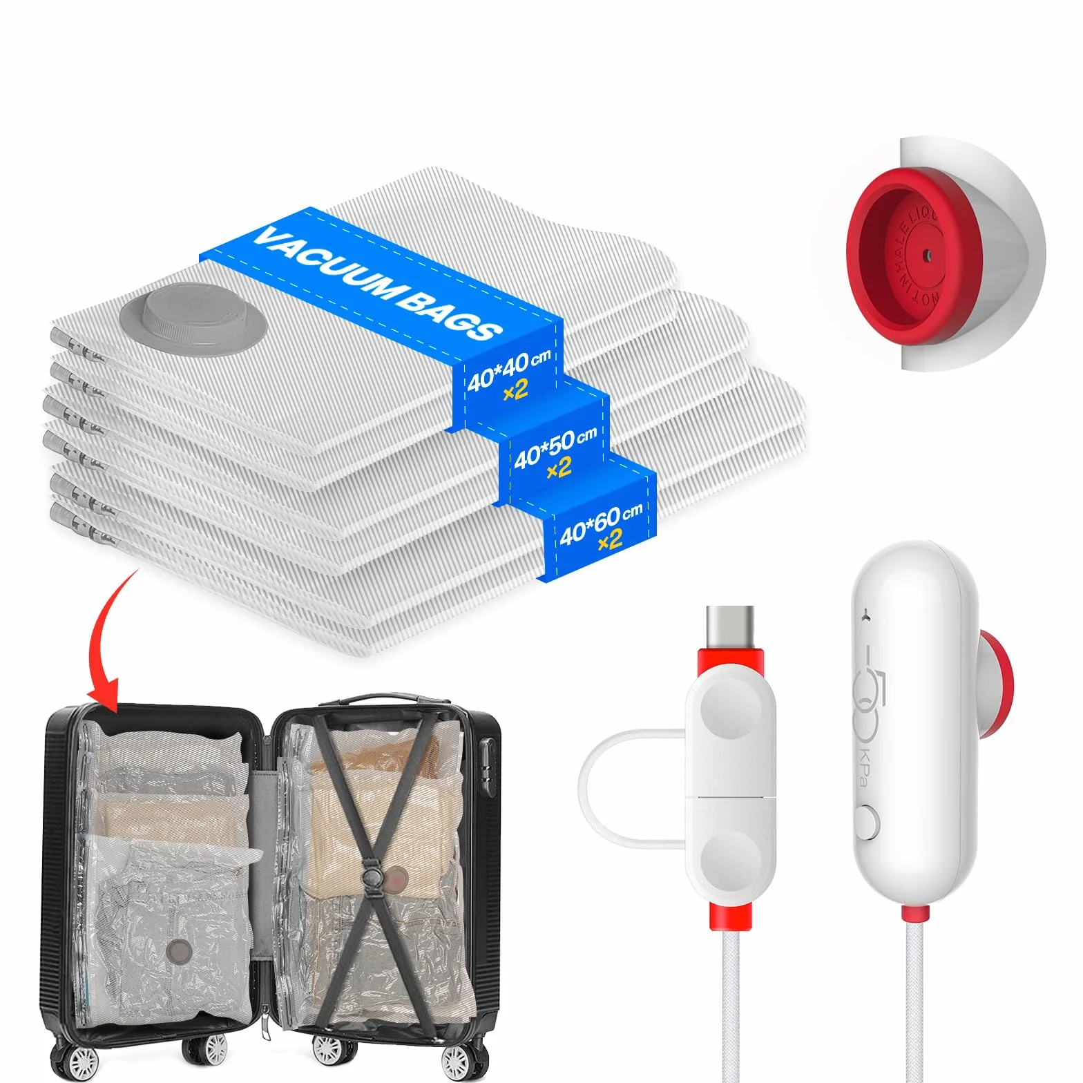 Sacchetti Sottovuoto Vestiti con Pompa USB, 6 Pezzi di Buste Sottovuoto Vestiti (2X 40*40cm, 2X 40*50cm, 2X 40*60cm), Sacchetti Sottovuoto Viaggio Riutilizzabili - Essenziali per Viaggio Salvaspazio