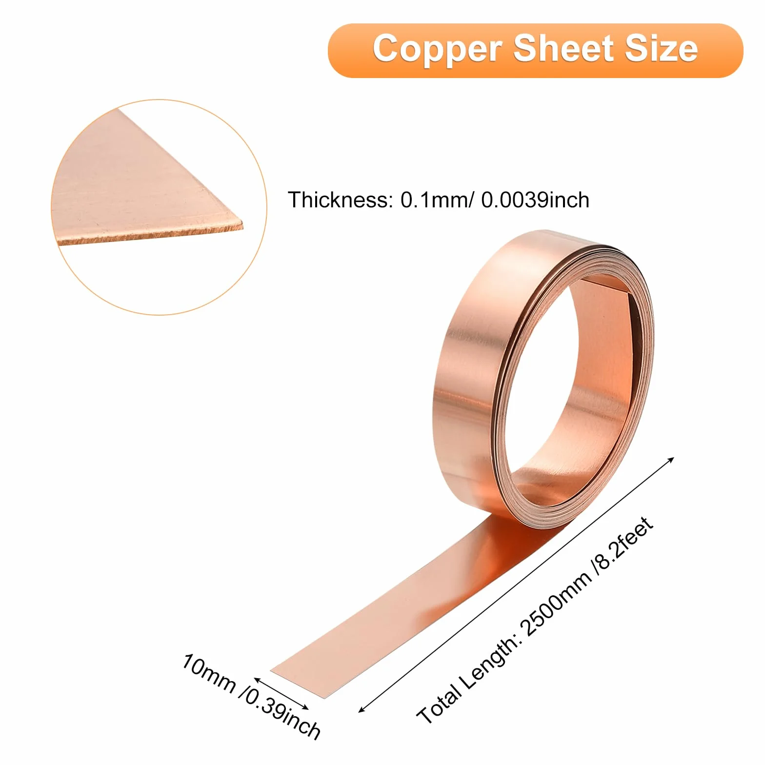 QUARKZMAN Lamiera Di Rame In Rotolo 2500mm x 10mm x 0.1mm 0.4" x 8.2ft 38 Gauge 99.9% Puro Rame Lamierino Metallico Piastra Per Progetti Fai Da Te Elettrici (Multiple Dimensioni)