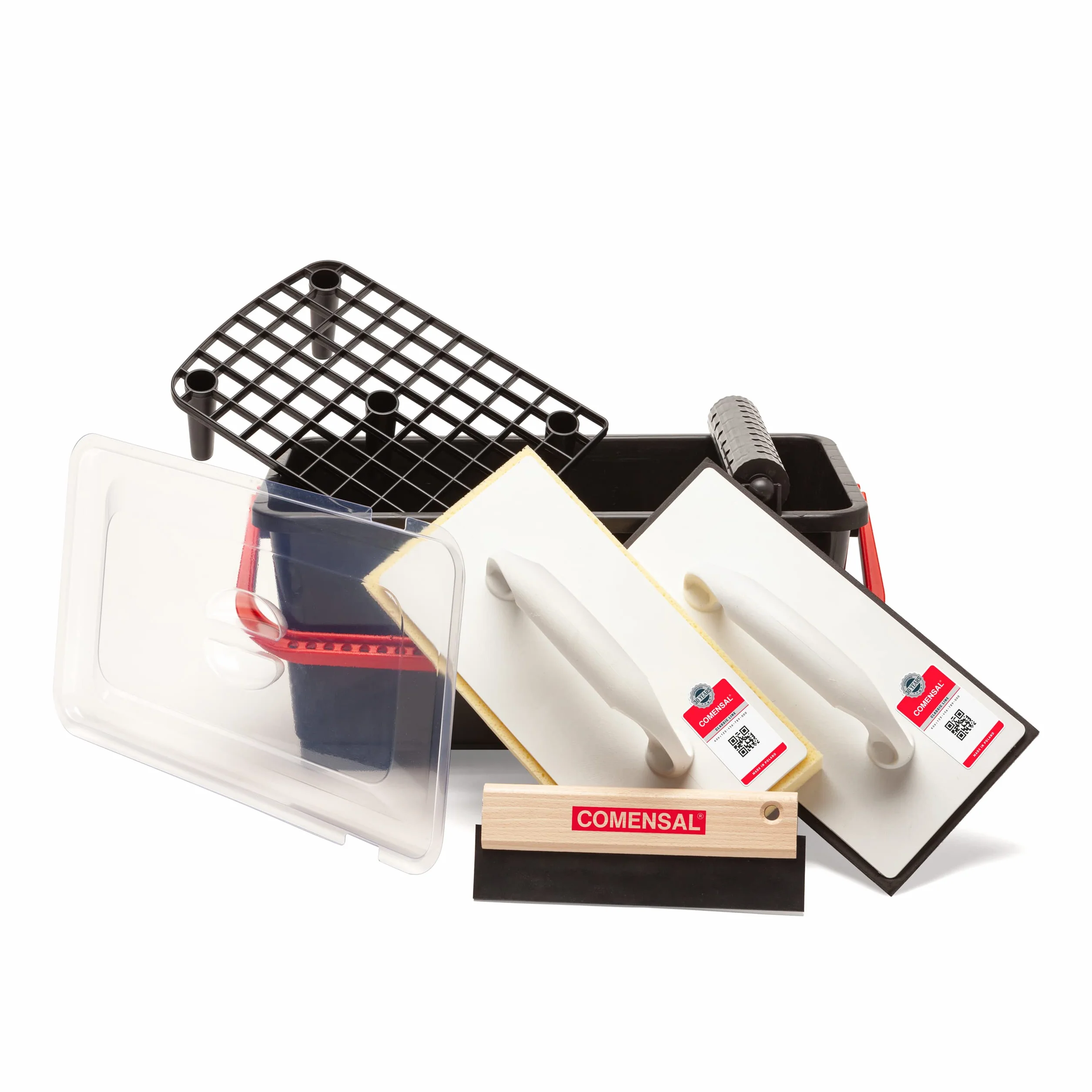 COMENSAL® Kit per lavaggio piastrelle - Set lavaggio piastrelle dopo la stuccatura - Secchio per piastrelle - Spatola di gomma - Set lavaggio piastrelle - Kit con Secchio e Accessori - Made in EU