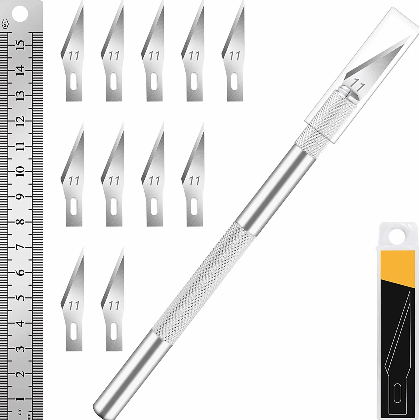 1 Pz Coltello Artigianale Coltello Hobby Coltello Exacto con 11 Pz Kit Lame in Acciaio Inossidabile, 1 Pz Acciaio 15 CM Righello per Arte, Scrapbooking, Stencil
