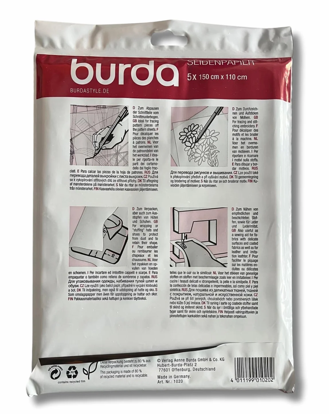 Burda 2Gtis-Carta velina per sarti, 110 x 150 cm, Rosa