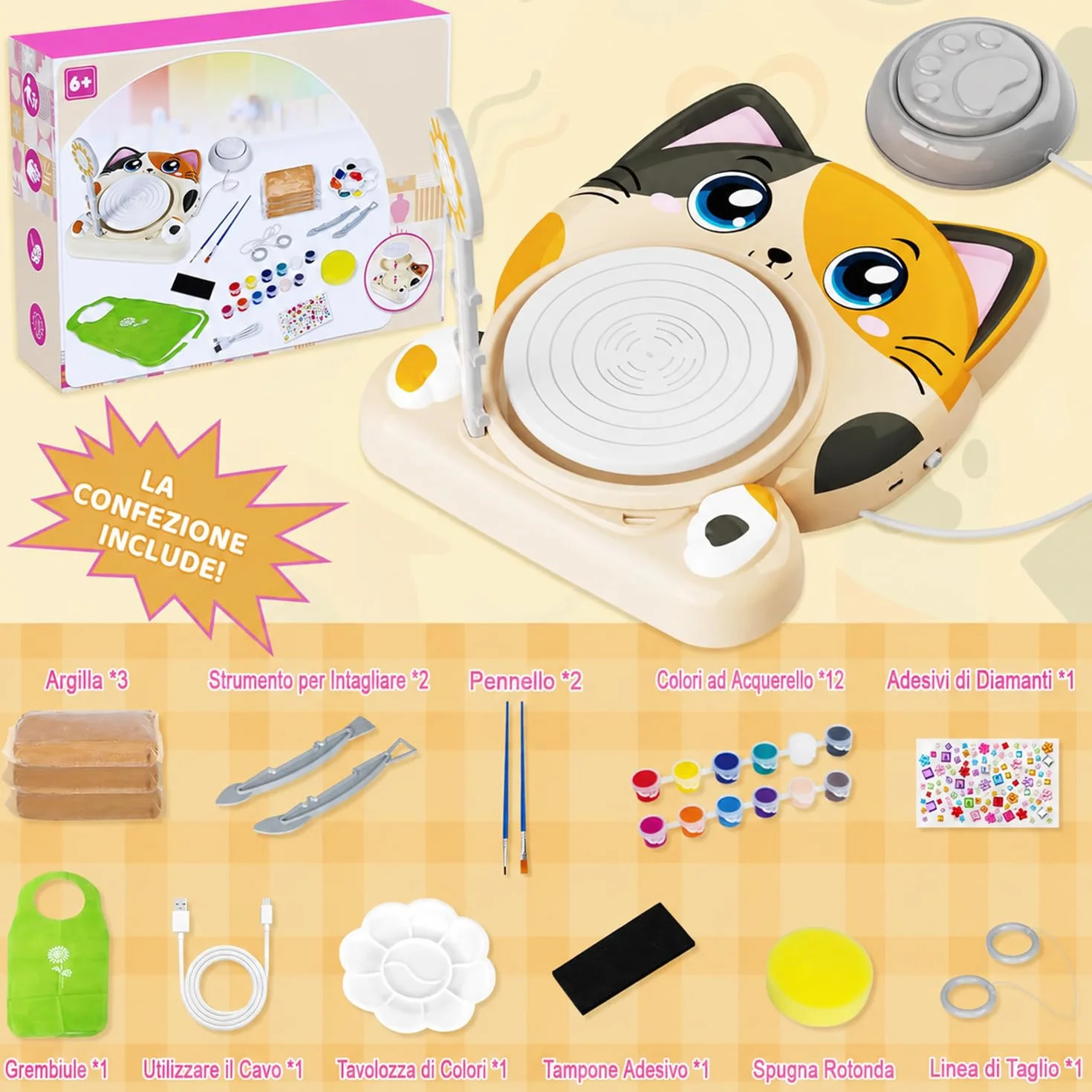 Tornio per Ceramica per Bambini - Kit Completo per Ceramica per Principianti, Set Creativo 6+ Anni con 3x Argilla ad Asciugatura all'Aria, Kit Ceramica fai da te Regalo Pasqua per Ragazzi e Ragazze