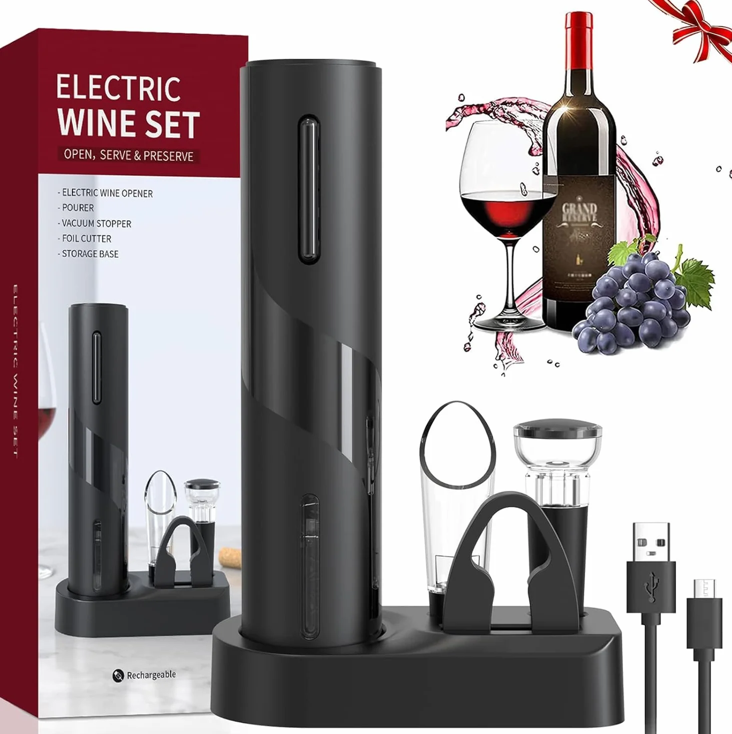 Cavatappi Elettrico per Vino, Set di Apribottiglie Elettrico 6 In 1 con Base, Taglierina, Versatore, Tappo in Silicone per Vuoto, Linea di Ricarica USB