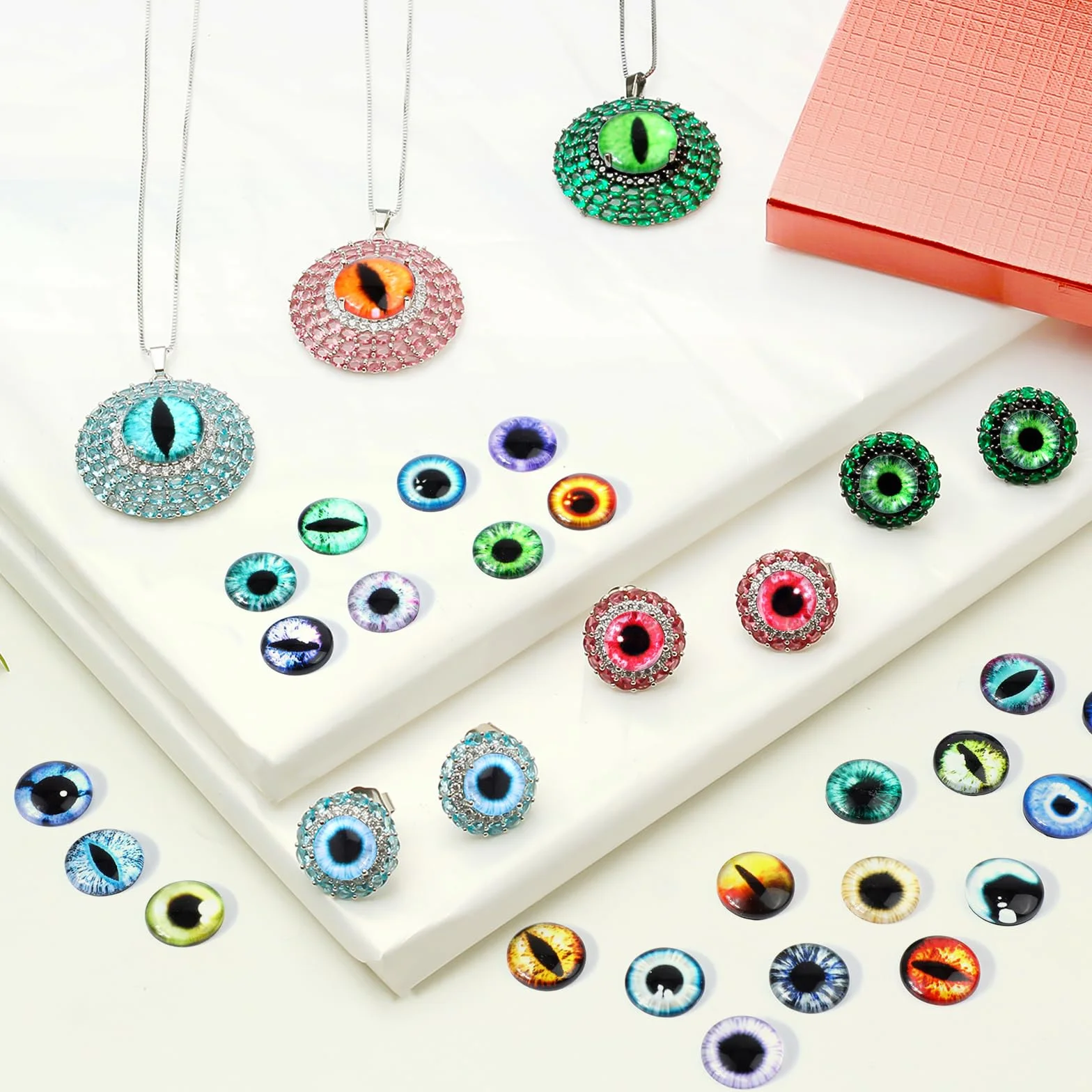 MWOOT 100 Pezzi 12MM Colorate Occhi di Vetro con Scatola, Glass Eyes per Gatto Uccelli Drago, Occhi per Pupazzi Sculture Argilla Polimerica, Creazione Bambole Gioielli, Decorate per Natale Halloween