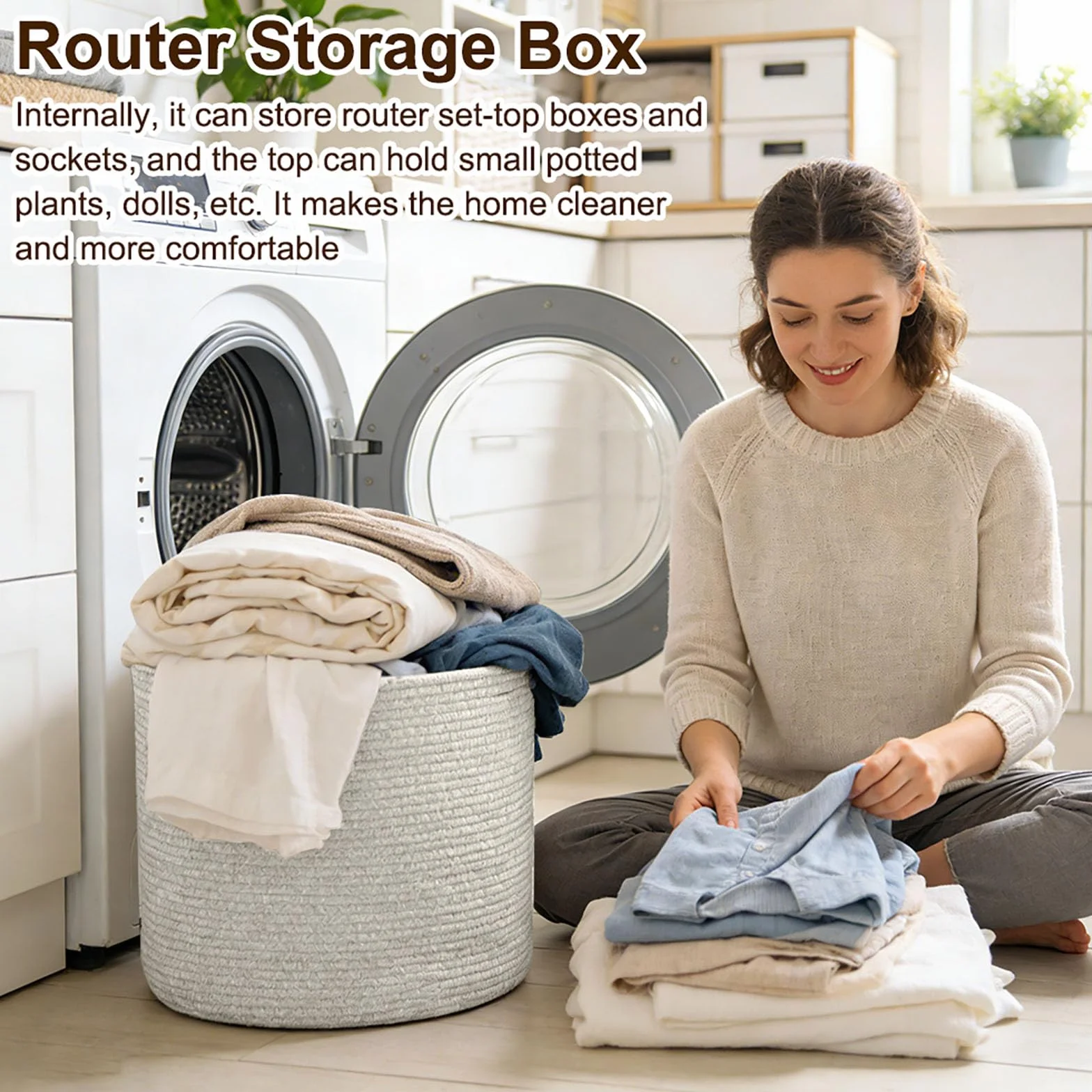 Cestino Portaoggetti in Corda di Cotone, Cesto Portabiancheria 40x35 cm con Manici, Cesto Organizzatore per Giocattoli, Abiti, Coperte, per Nursery, Soggiorno, Camera da Letto (Beige)