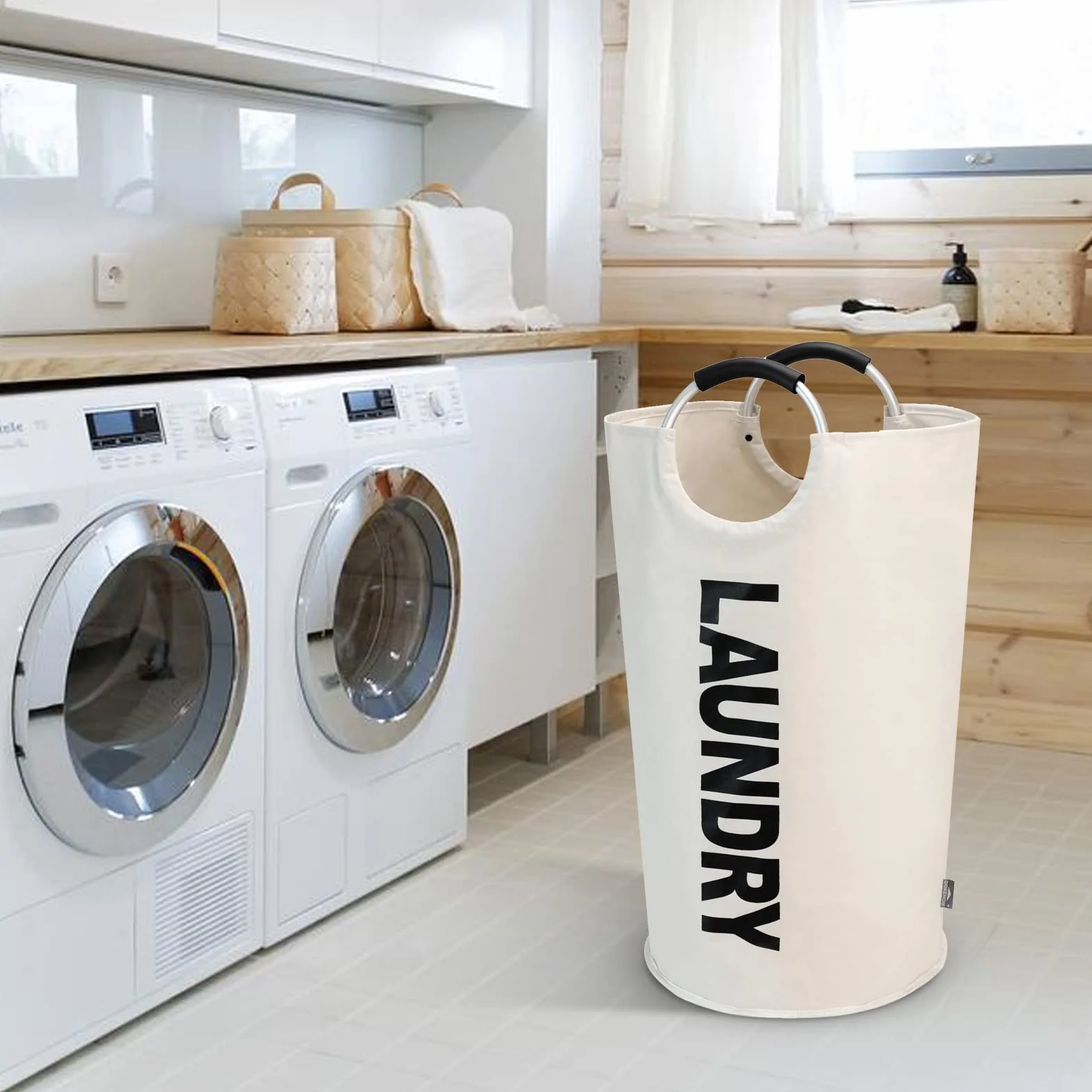 DOKEHOM 90L Grandi Cesto per la Biancheria, Sacco per il Bucato Pieghevole, Cesta Alta Autoportante per Vestiti, Cesto per Lavanderia Pieghevole (Beige)