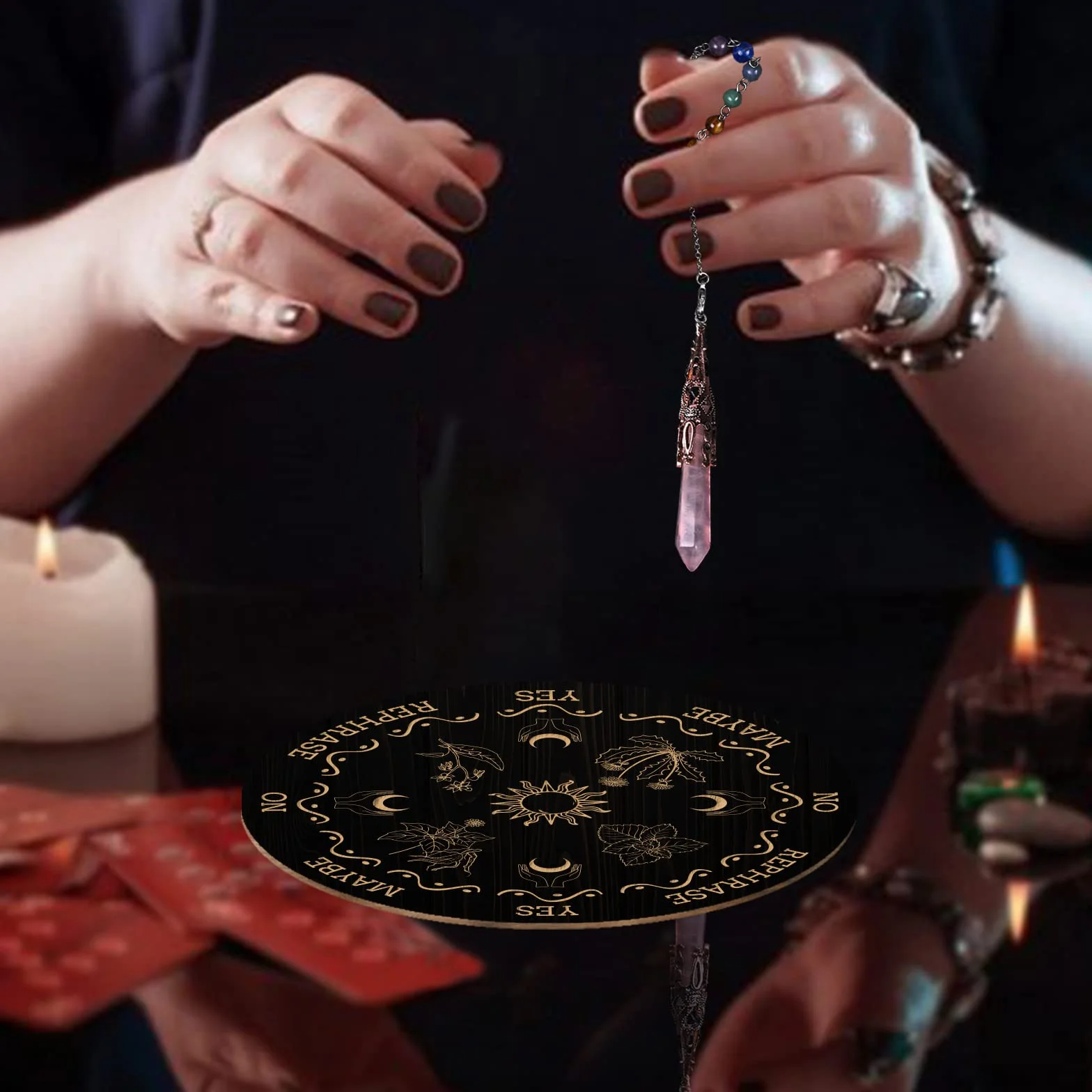 ANAHDMAKER Planchette per Rabdomanzia In Legno 7.8" con Pendoli In Cristallo di Quarzo Rosa Strumenti Divinazione