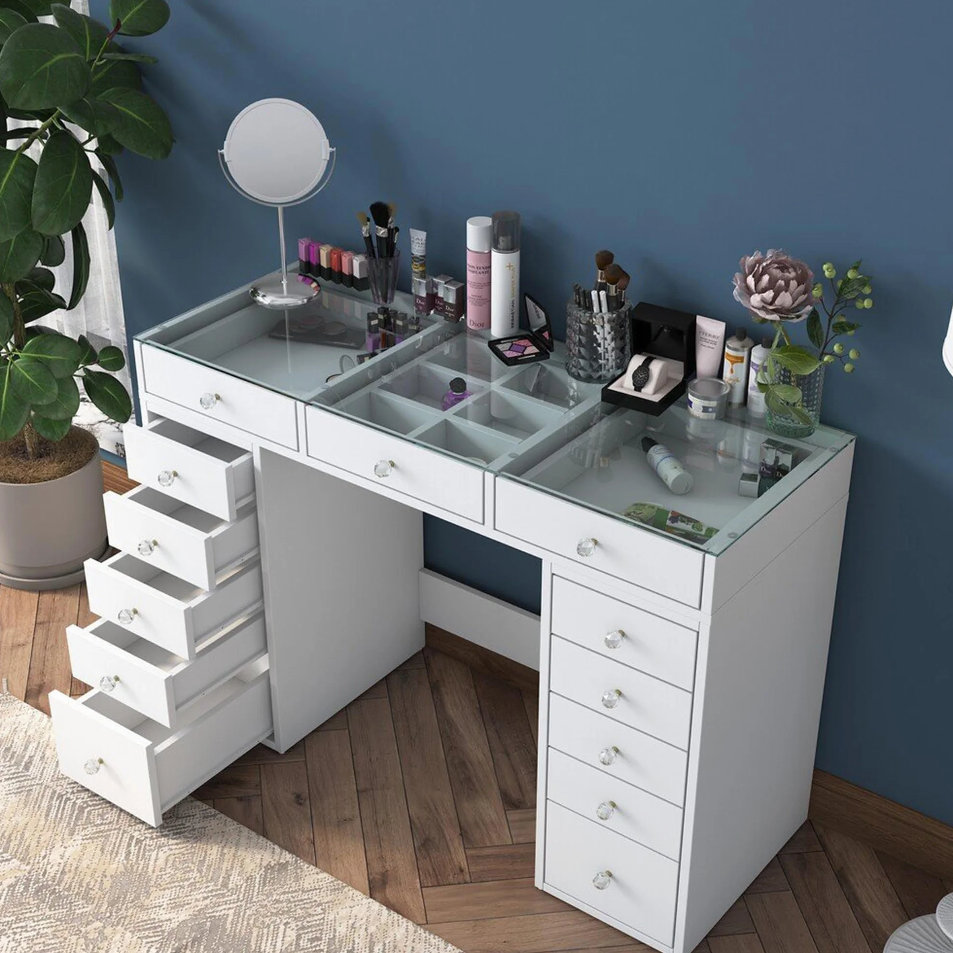 Dmora Cassettiera Boldone 44.5x120x79.8h cm Bianco 13 Cassetti Apertura Scorrevole, Chiusura Scorrevole