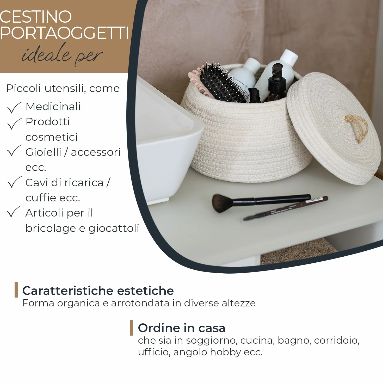HMF Cesto portaoggetti rotondo per il bagno, con coperchio in cotone, altezza 25,5 x 19 cm, colore crema