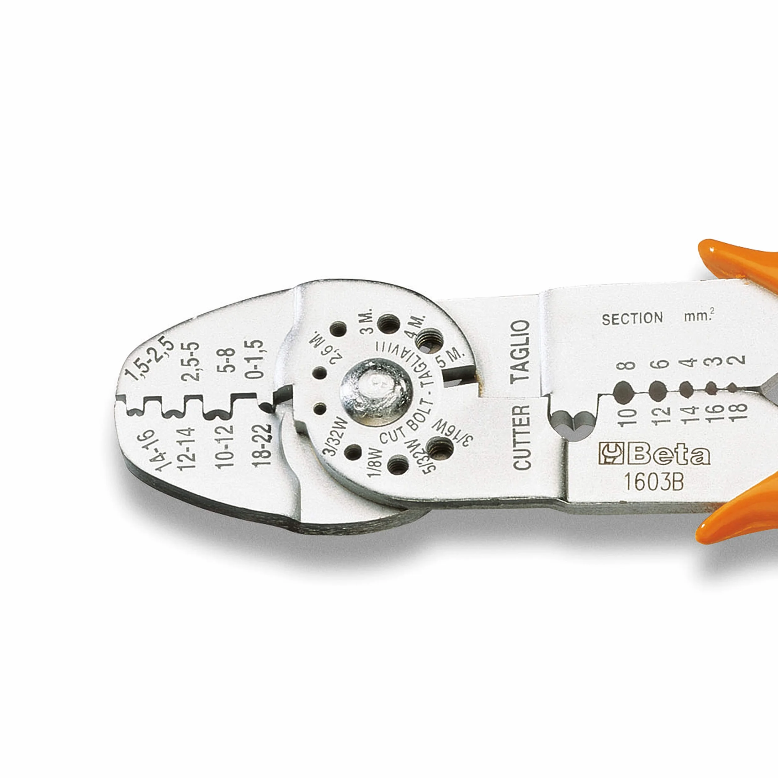 BETA - Pinza per Capicorda Non Isolati Aperti Modello Standard, Pinza Crimpatrice Professionale per Terminali Elettrici e Connettori, Cavi 0-8 mm² Lunghezza 220 mm, Utensile Elettricista, 1603B