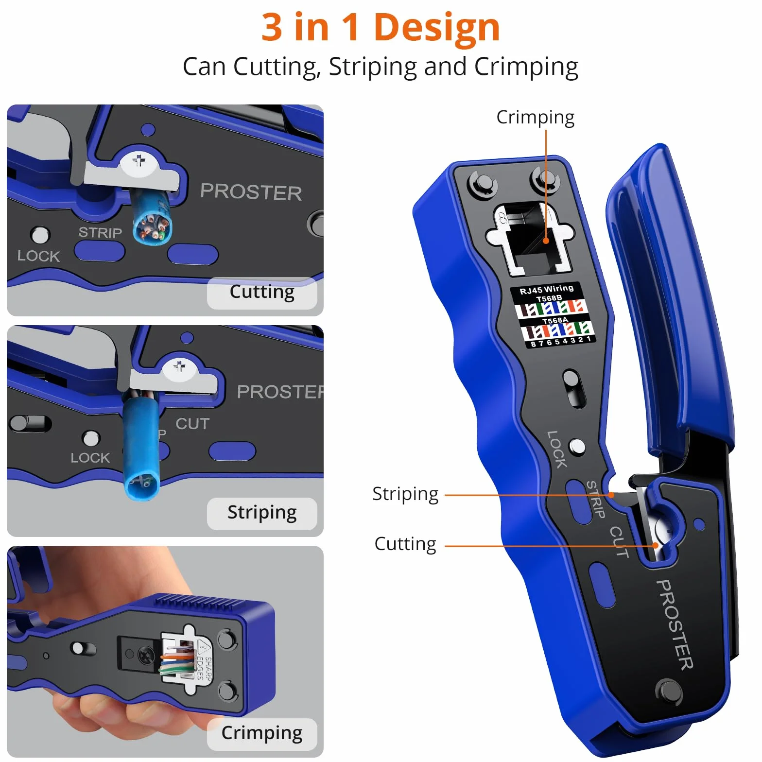 Proster Pinza Crimpatrice RJ45 Pass Through Multifunzione Spelafili per Cavo Rete Cat5 Cat5e Cat6 Cat6a Kit Strumento Crimpatura con 50pz Connettori Cat6 e Coperture di Protezione Tester Custodia