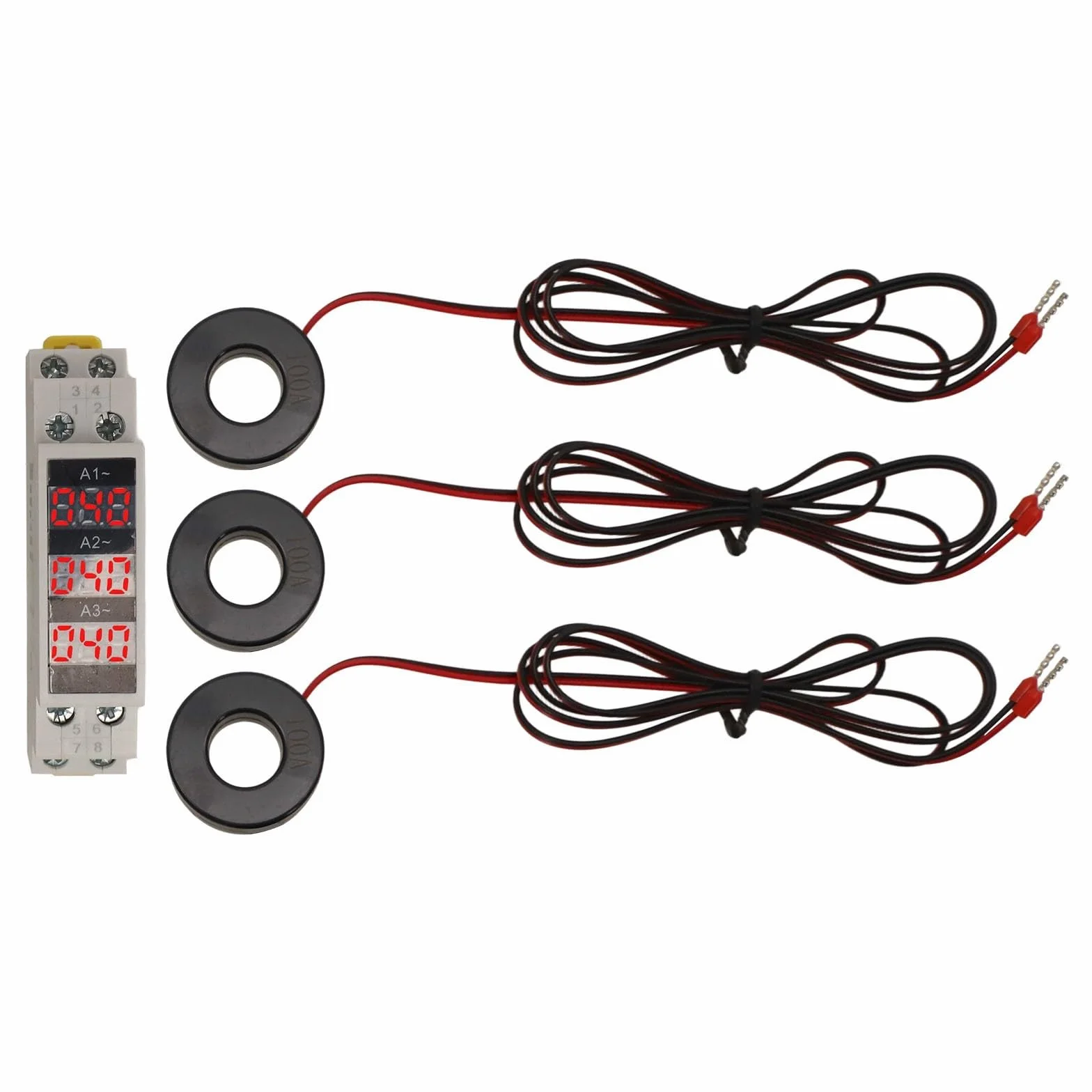 Mini amperometro digitale trifase su guida DIN con display a LED, rilevamento corrente 1-100A, intervallo di tensione AC80-500V 50/60Hz per monitoraggio elettrico industriale o commerciale