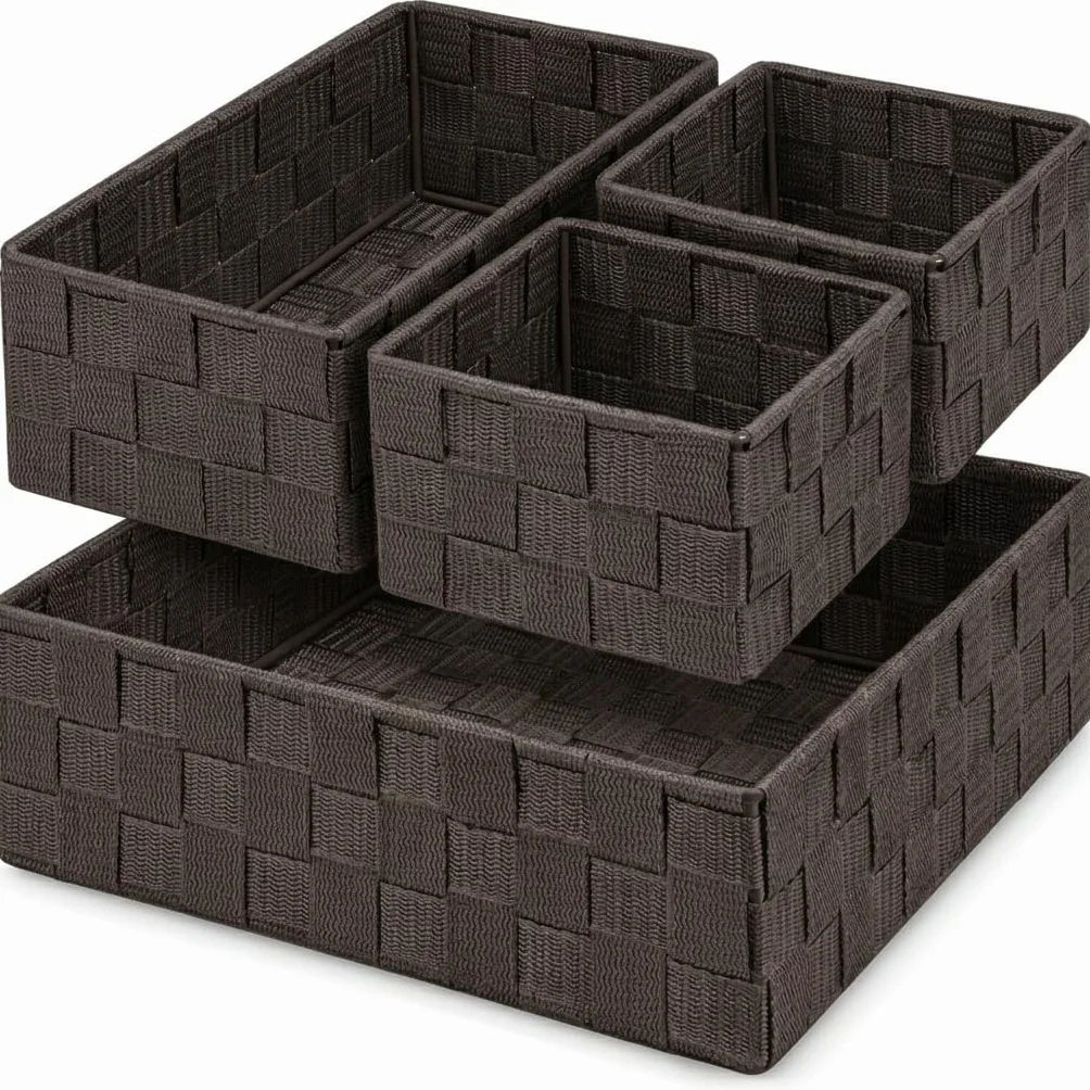 OCEANO Set 4 Cestini Portaoggetti Intrecciati Organizer Bagno e Cassetti Scatole Salvaspazio in Tessuto per Trucchi Asciugamani Accessori (Marrone)