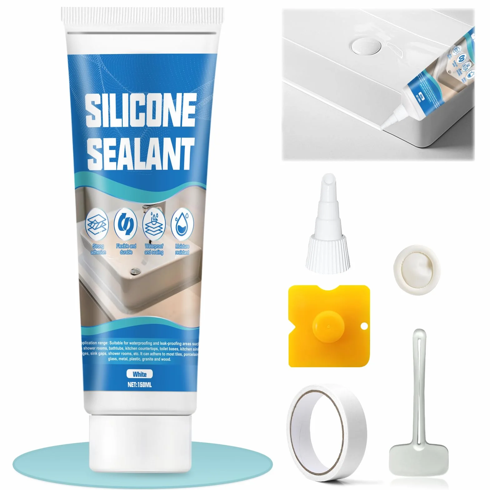 ALLONY Silicone Bianco, Silicone Doccia, Sigillante Bianco Bagni Cucine, Impermeabile, Flessibile e a Lunga Durata, Cucina e Bagno Vari Giunti di Piani di Lavoro, Fughe Piastrelle, 150ML