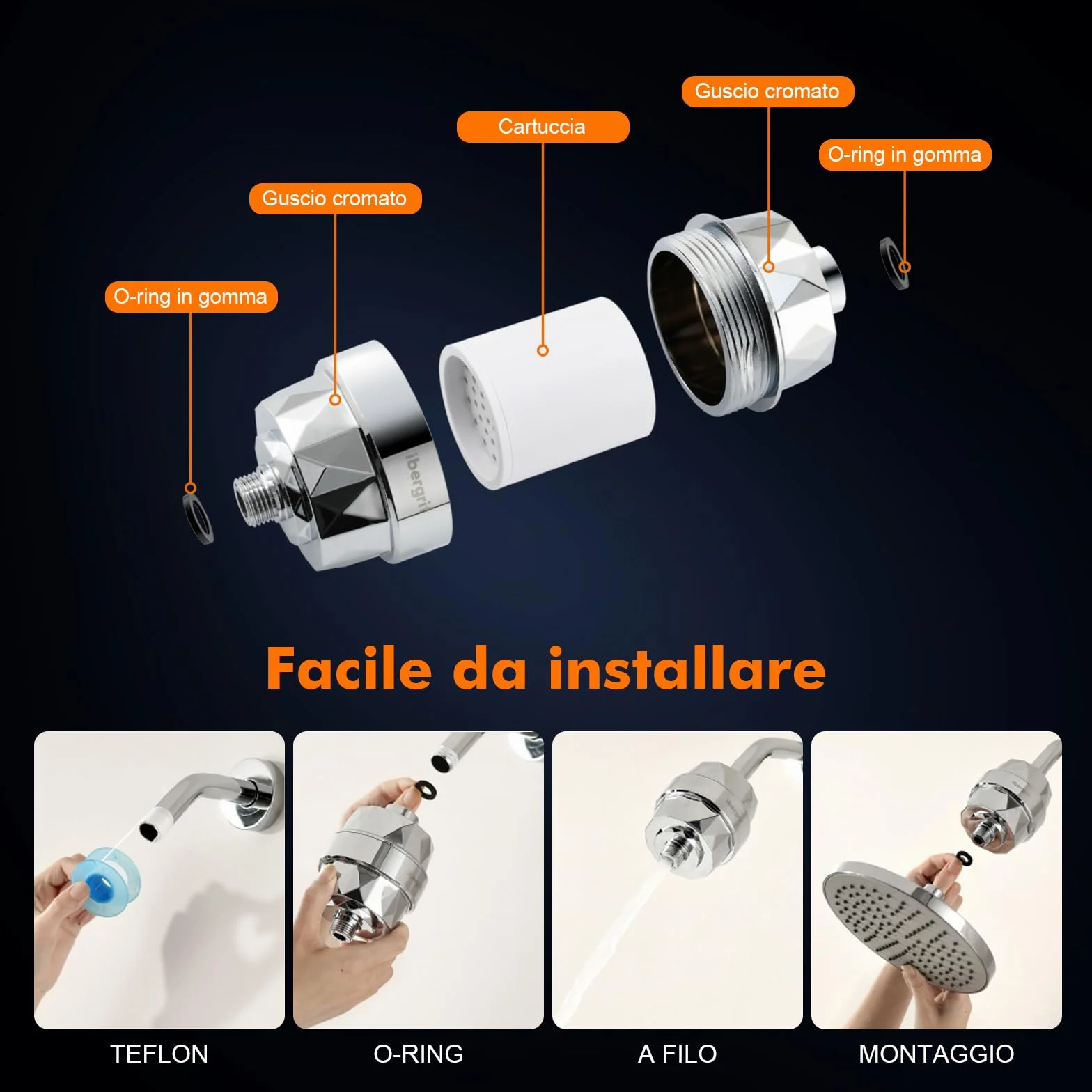 Ibergrif M91010 Filtro doccia per acqua dura, con cartuccia sostituibile per rimuovere cloro e metalli pesanti