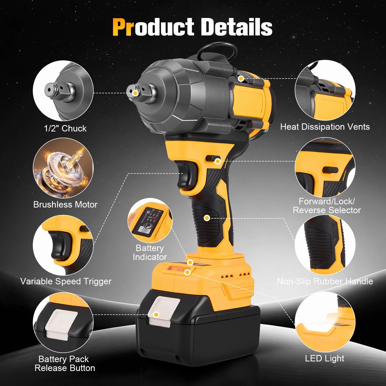 Avvitatore a percussione 1000N, 2 batterie, 3 velocità variabili, luce LED, Potente strumento a batteria, Avvitatore a percussione professionale per riparazione auto, Progetti fai da te