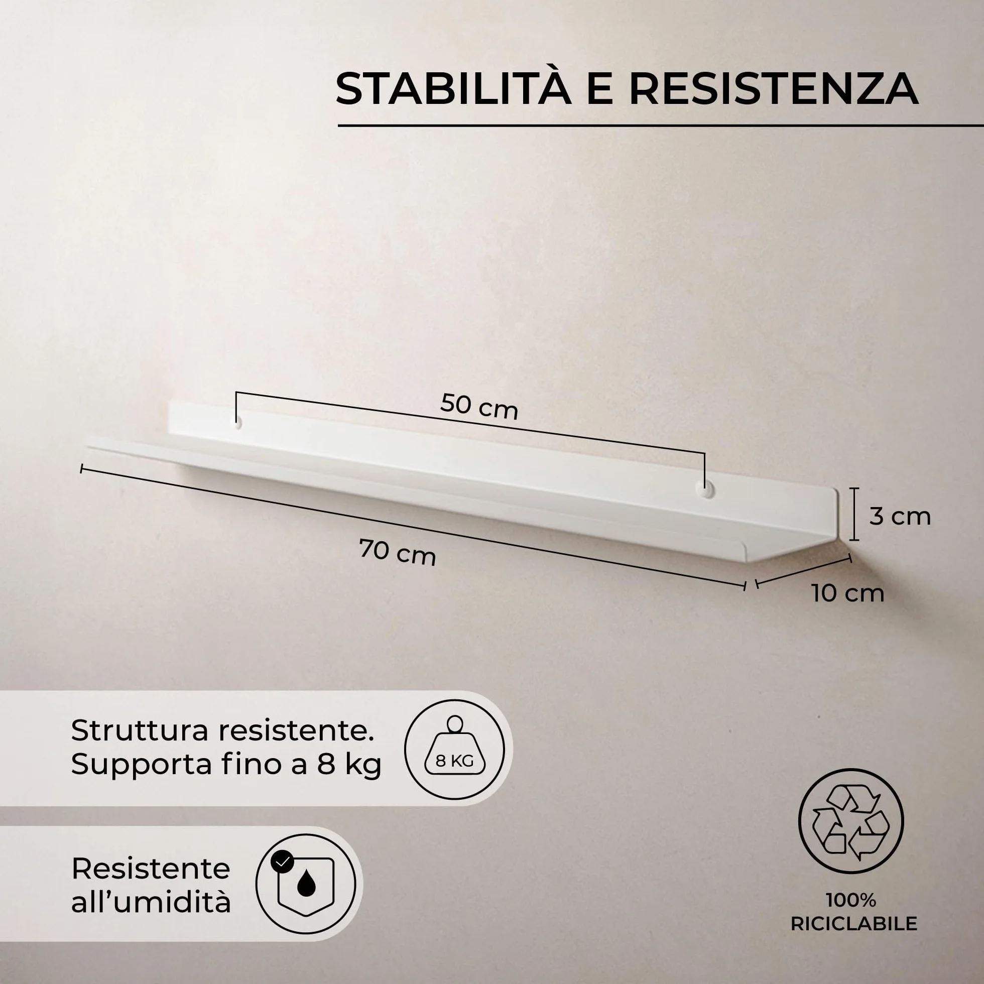 MILUKA Mensola da Muro Sospesa | Mensole da Parete Stretta in Metallo per Quadri, Cornici, libri e Spezie | Ripiano salvaspazio cucina, bagno, ufficio (2, Bianco, 70 x 10 cm)