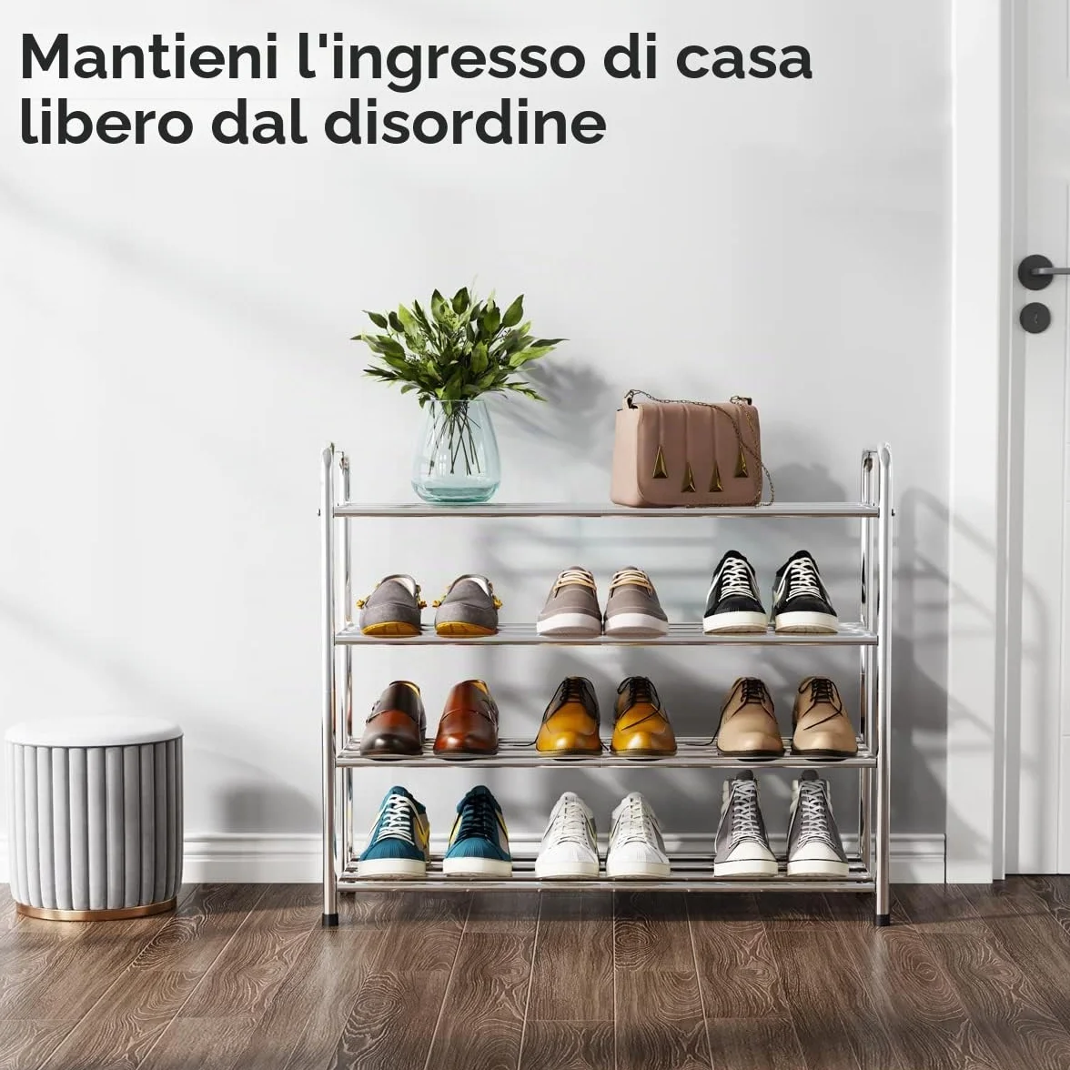 FANHAO Scarpiera Potenziata in Acciaio Inossidabile a 4 Livelli, Organizer Scarpe Ripiano per Scarpe, per un Massimo di 12-16 Paia di Scarpe, per Soggiorno, Guardaroba e Corridoio, 68 x 26 x 65 cm