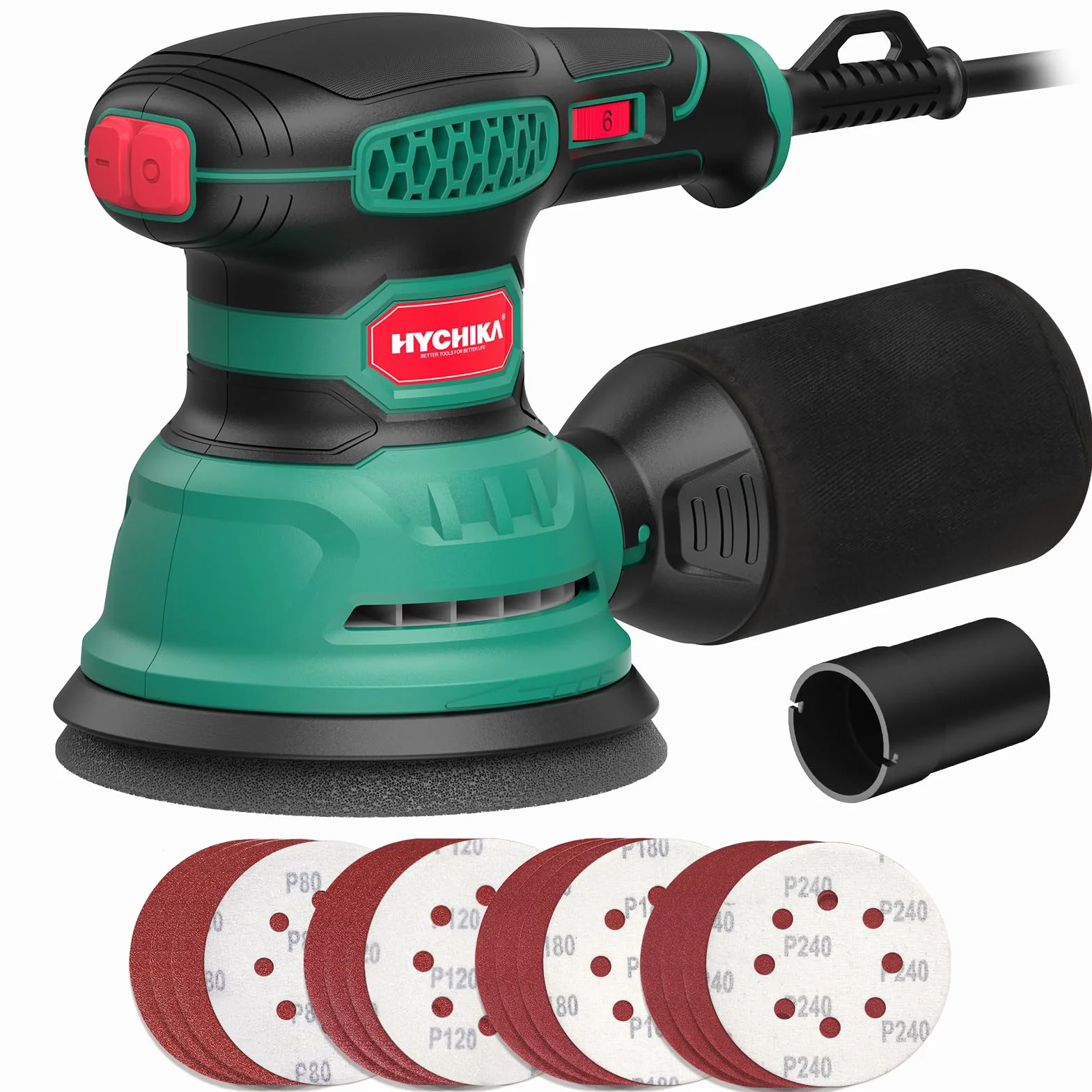 HYCHIKA Levigatrice Orbitale 300W 12000OPM 6 Velocità 16 Pezzi Dischi Abrasivi 125 Frenata Rapida