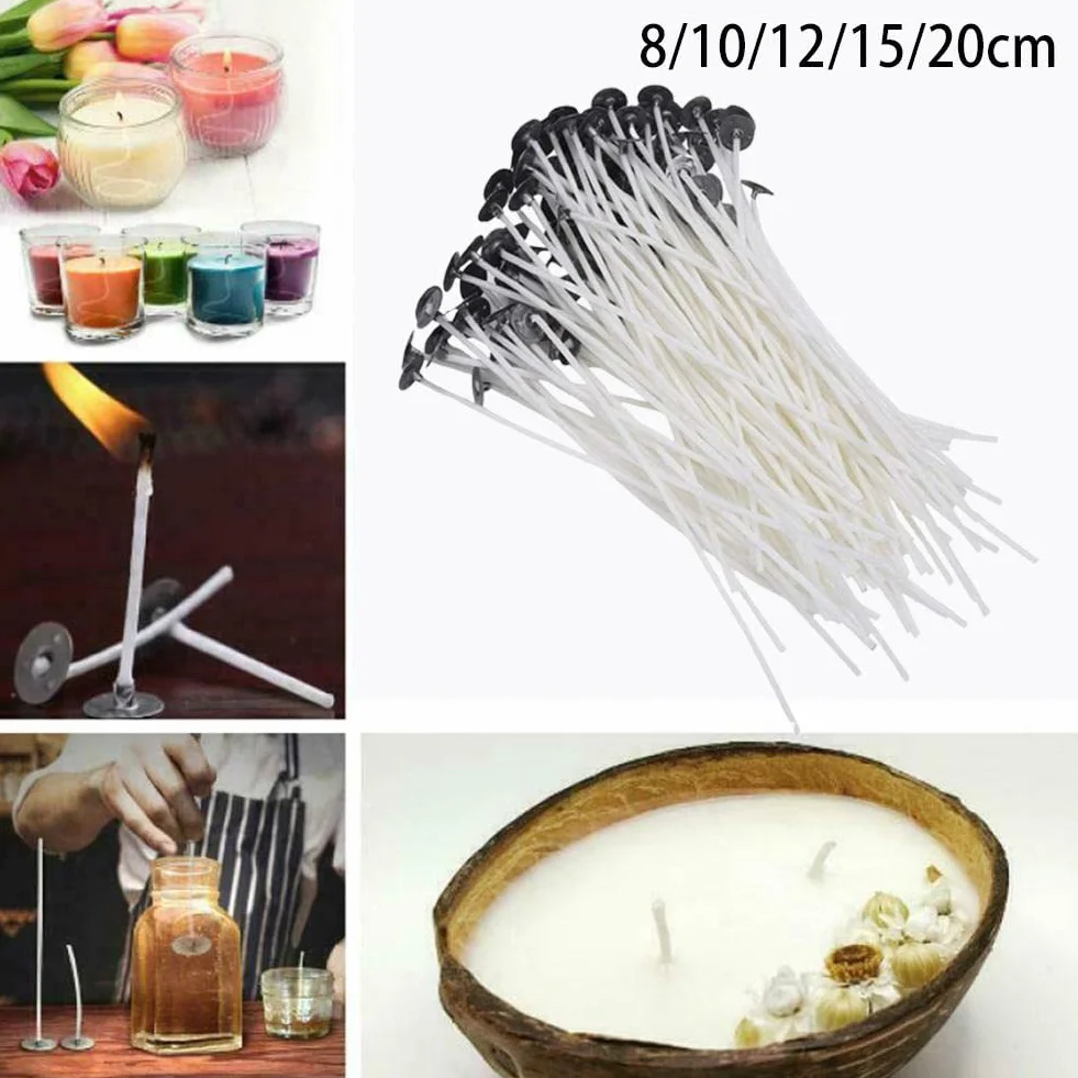 100 stoppini per candele in cotone naturale, commestibili per uso alimentare, con linguette di supporto in metallo, per realizzare candele a colonna e fai da te (10 cm)