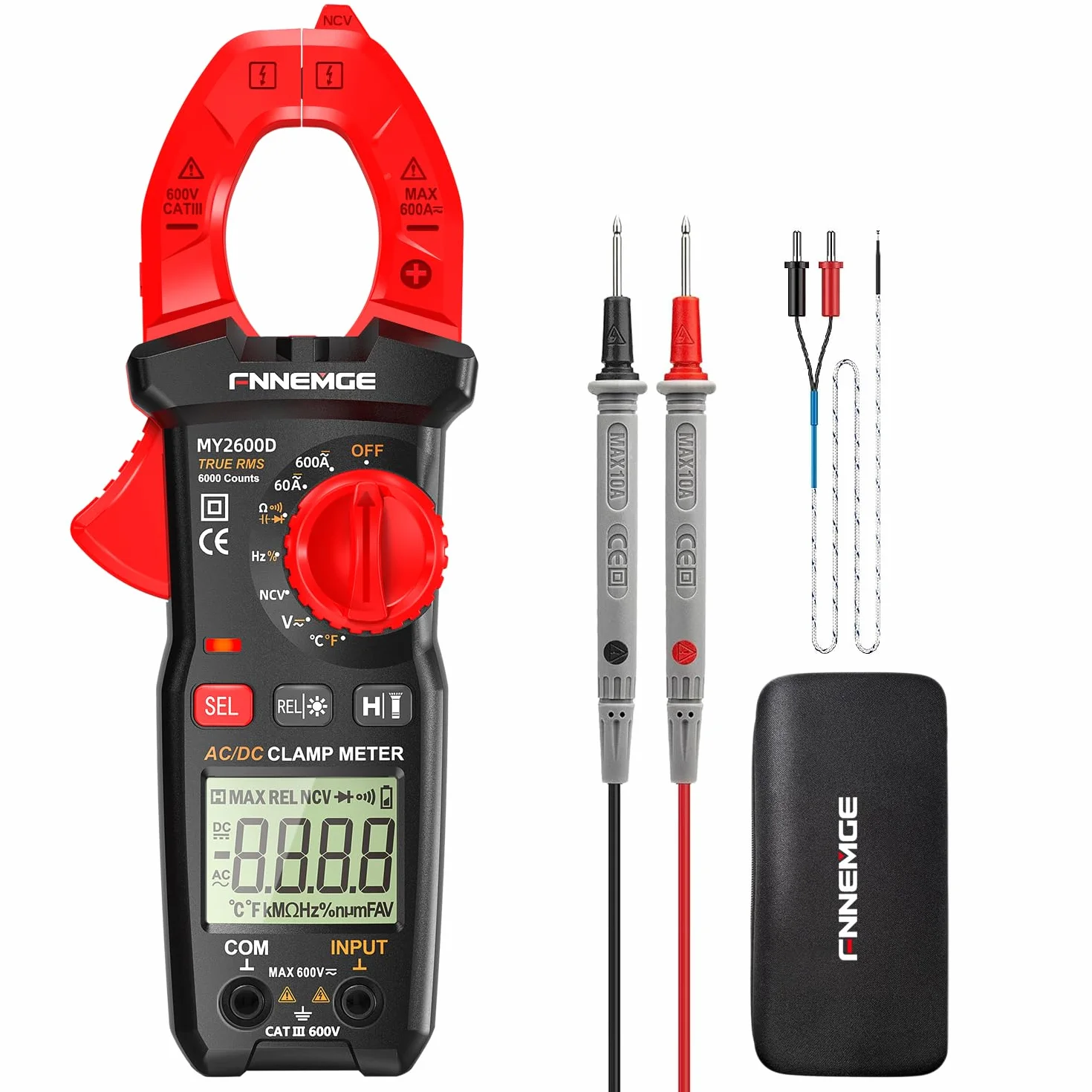 FNNEMGE Pinza Amperometrica Digitale DC/AC: 0-600A, Multimetro Valore Efficace vero 6000 Conteggi, Misurazione NCV Corrente Alternata/Corrente Continua, Tensione, Resistenza