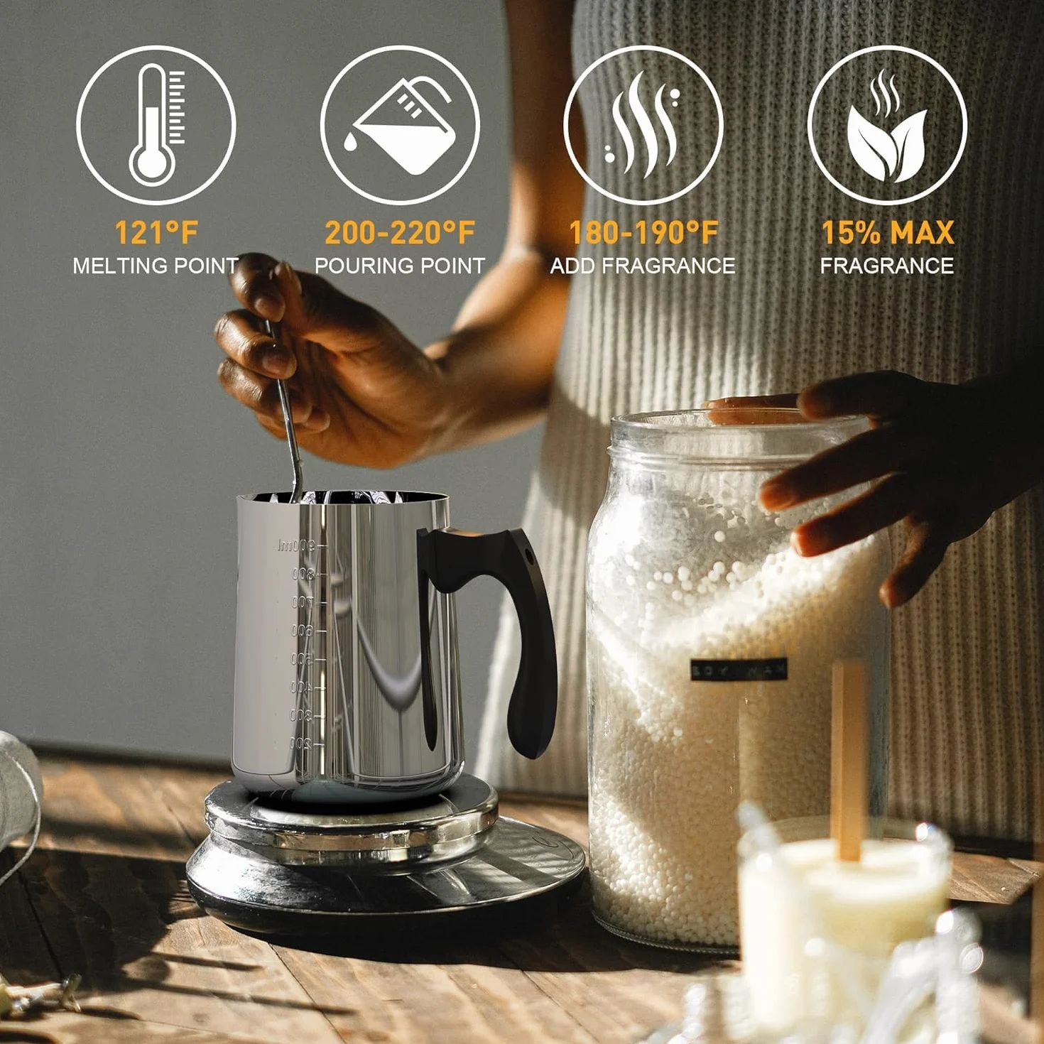 NOPWOK Kit per realizzare candele - Cera di soia DIY - Adulto - Vasetto da 900 ml - Candele adesive - Supporto per stoppino - Termometro