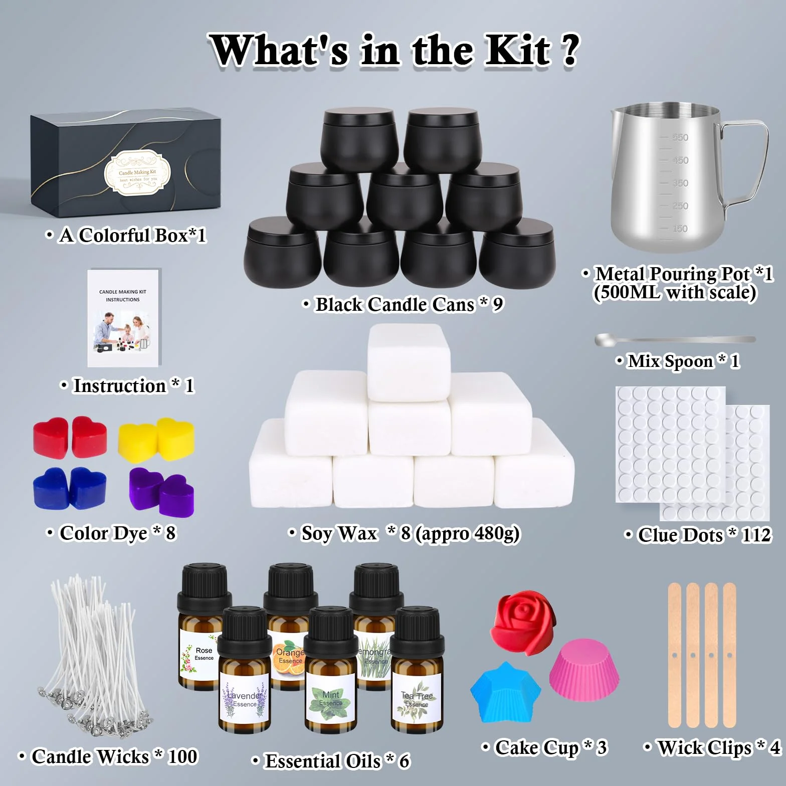 Kit per Fabbricazione Candele, Kit per Natale Produzione di 9-Candele per Principianti, DIY Set Regalo con Pentola per Versare,Stoppini,Adesivi,Cucchiai per Mescolare,6 Oli Essenziali,480g Cera Soia