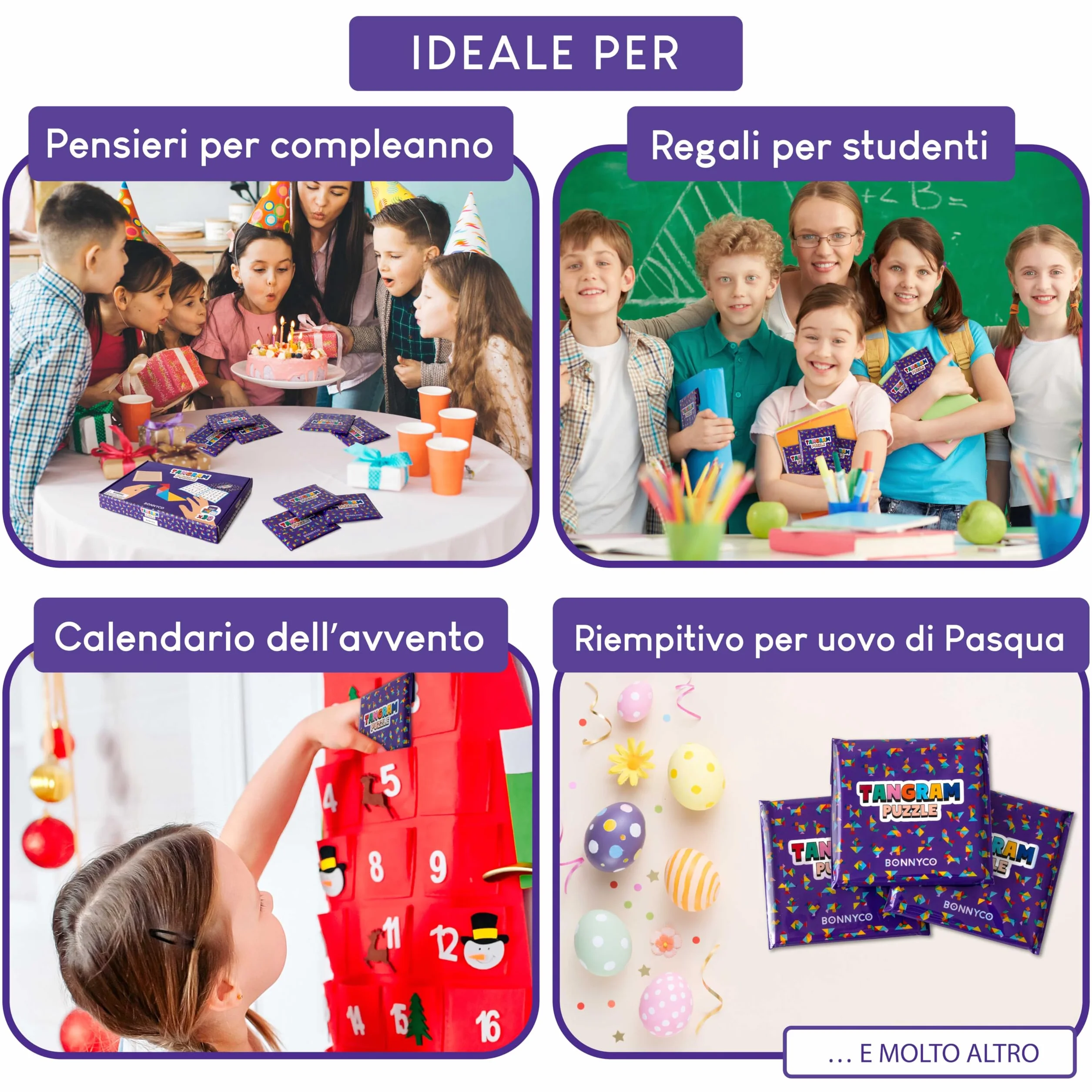 BONNYCO Tangram Legno Bambini Pack 30 Gadget Compleanno Bambini. Mini Giochi Regalini Fine Festa Compleanno, Regalino Fine Festa Invitati. Persierini Giochini per Feste, Mini Puzzle Gadget Scuola