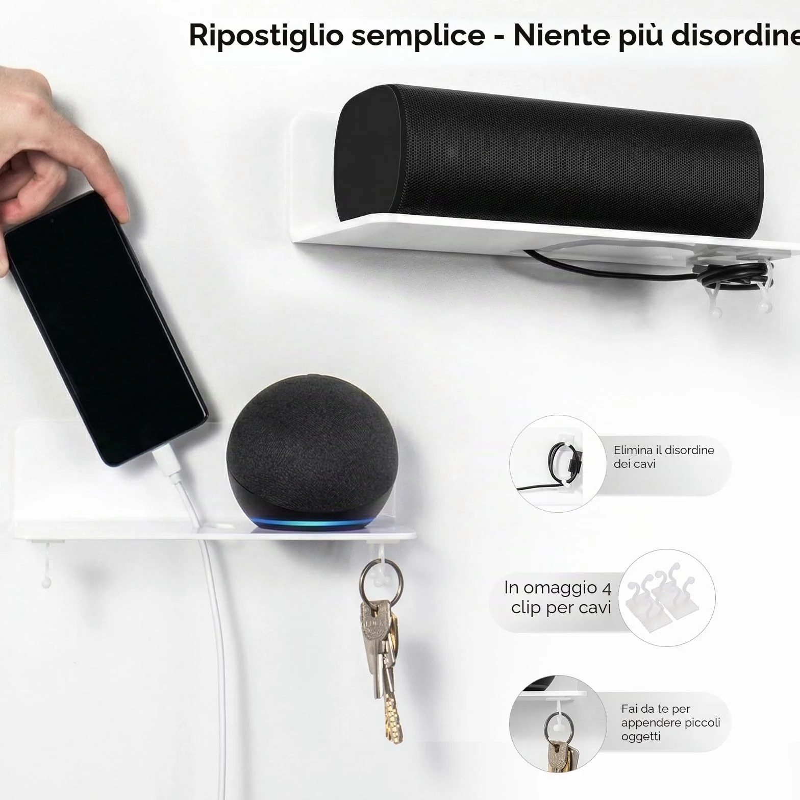 OAPRIRE Mensole da Muro Bianche in Acrilico 2 Pezzi - Espandi Facilmente Lo Spazio Della Parete - 23cm Mensola Adesiva da Muro per Cameretta, Bagno, Cucina, Salotto, Con Fermacavi