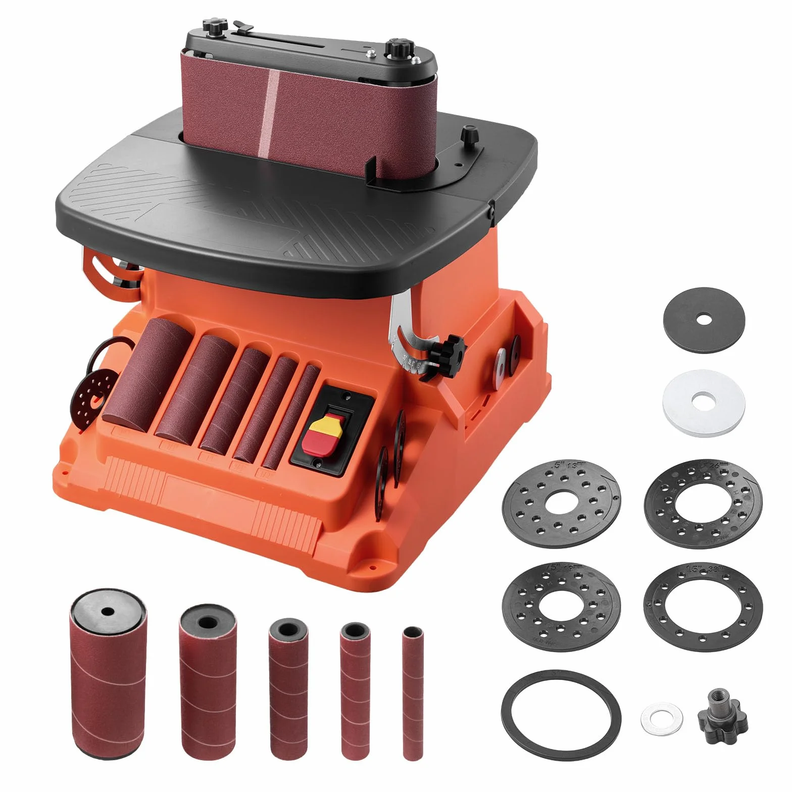 VEVOR Levigatrice a Nastro e Mandrino Oscillante, Smerigliatrice da Banco da 2000 giri/min con Corsa da 16 mm, 5 Manicotti 12,7-50,8 mm e Nastro Abrasivo da 610 x 98 mm per Lavorazione del Legno