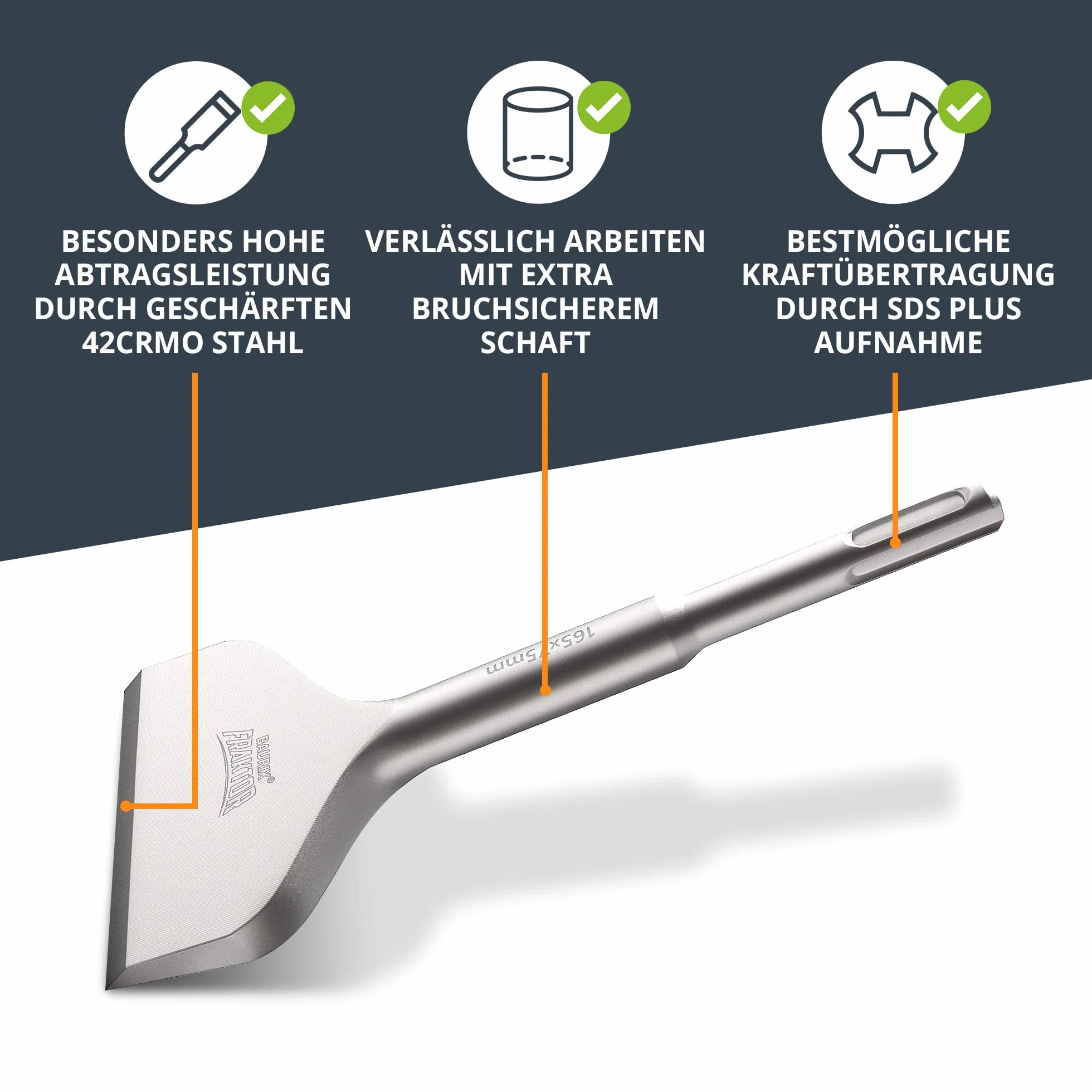 BAURIX® Scalpello SDS Plus - Sistema FRAKTOR® - Scalpello Piastrelle per rimozione delle piastrelle e adesivi per piastrelle senza sforzo - Scalpelli SDS Plus in acciaio speciale 42CrMo (165 x 75 mm)