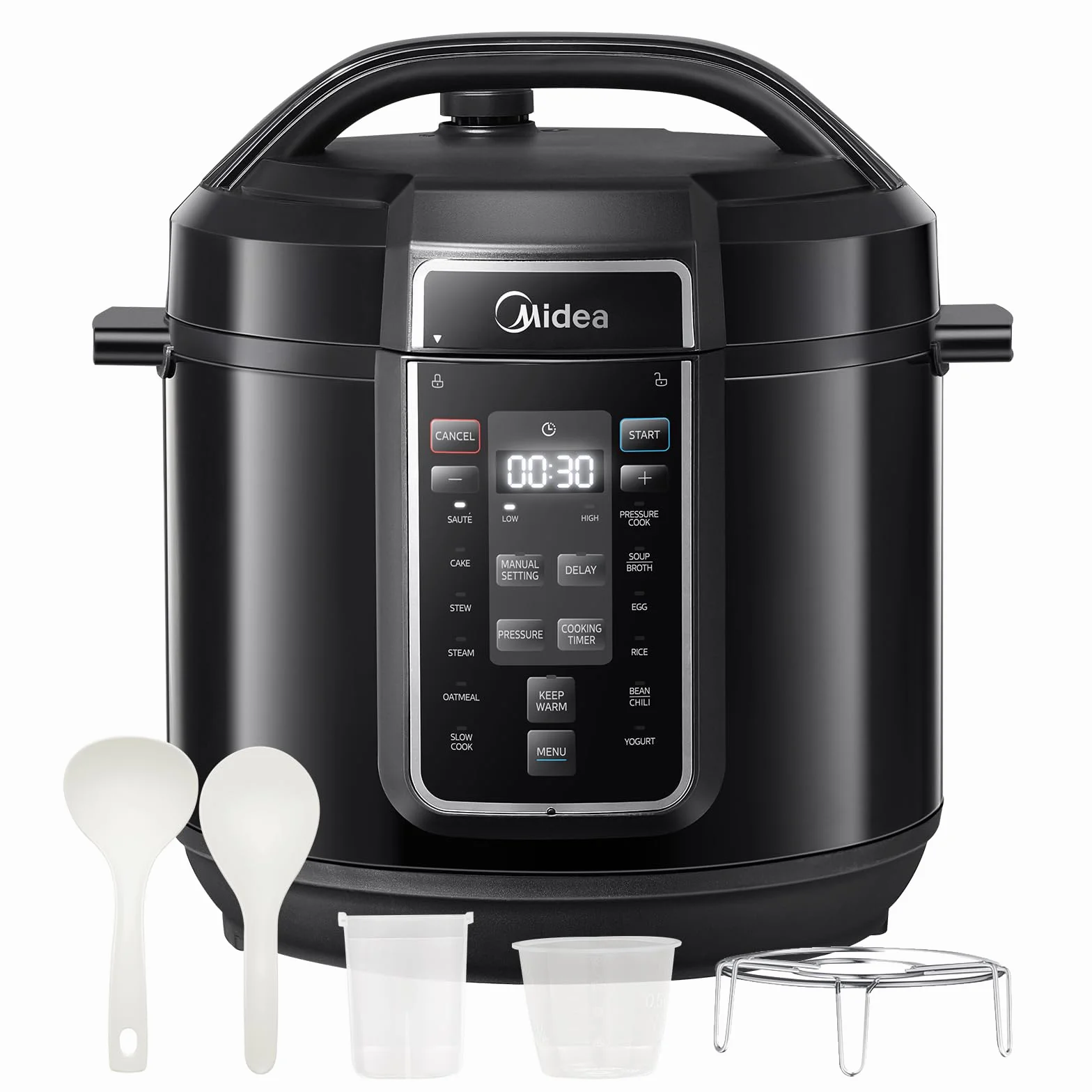 Midea Pentola a pressione elettrica 9 in 1, 12 preset multicooker istantaneo antiaderente, pentola per yogurt, cuoci riso Slow Cooker Sauté, pentola interna in acciaio inox, 8 quarti nero