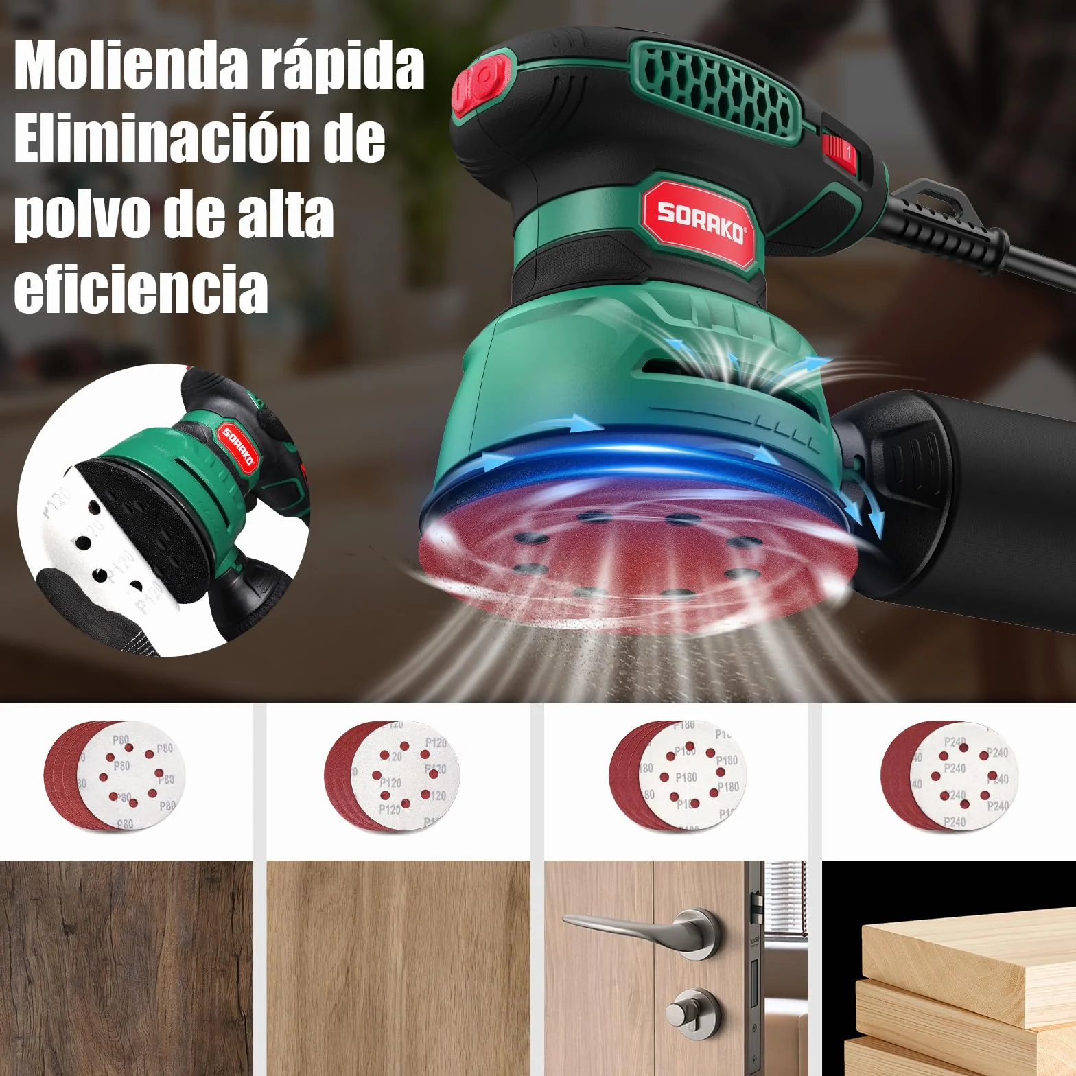 SORAKO Levigatrice orbitale 350W, 125 mm, 6 velocità, 16 fogli abrasivi, raccolta polvere, funzione frenante rapido, per progetti hobby in legno