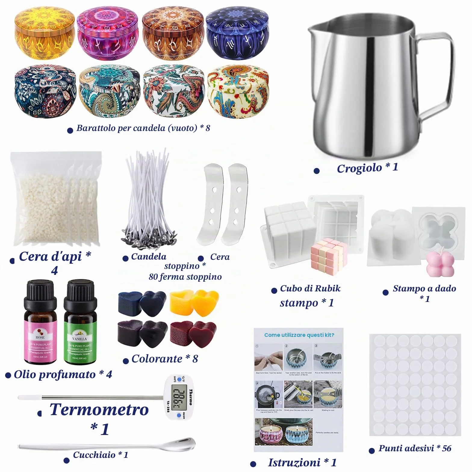 Kit di produzione di candele di cera fai da te, con descrizione, include 4 confezioni di cera di soia, 8 scatole di pentole,80 stoppini e 1 cucchiaio