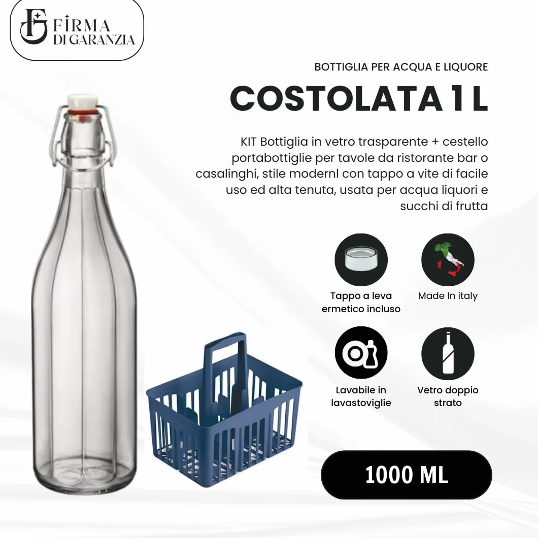 Bottiglie Vetro 1 L con Portabottiglie Plastica Blu Cobalto - Set 6 Pezzi per Acqua Vino Limoncello