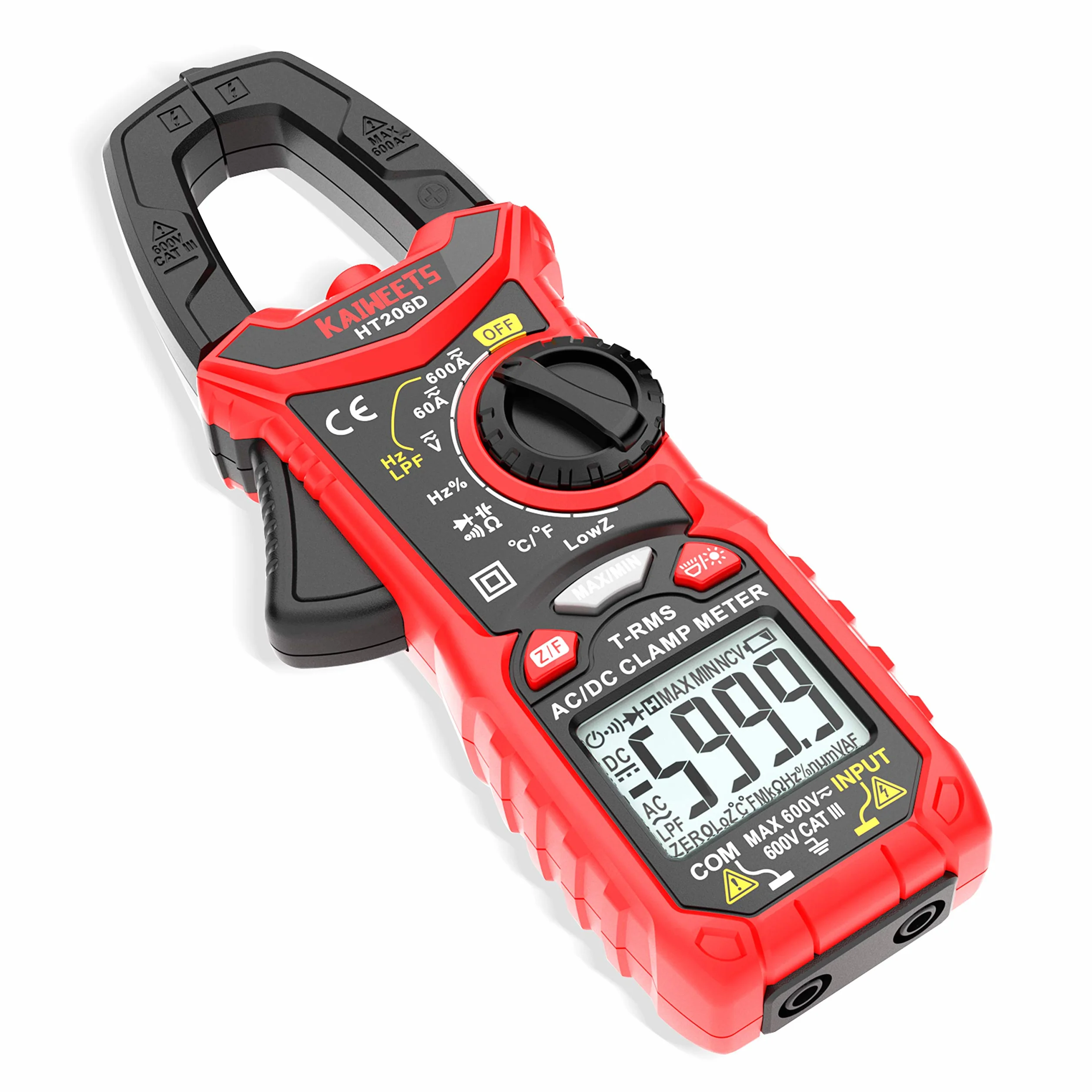 Pinza amperometrica AC/DC 0-600A, KAIWEETS Pinza multimetro professionale T-RMS 6000 conteggi, misure corrente tensione AC/DC Temperatura Capacità Resistenza Diodi Continuità Duty Cycle