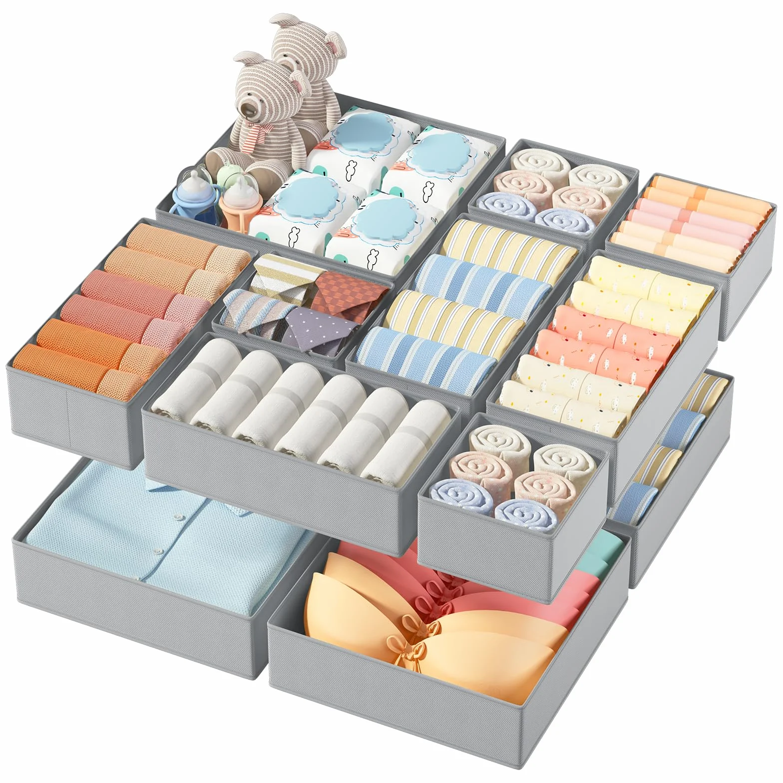 DIMJ Organizer Cassetti, 12 Pcs Non Tessuto Cassetto Organizer, Divisori per Cassetti, Scatola di Immagazzinaggio Pieghevole, Grigio Classico