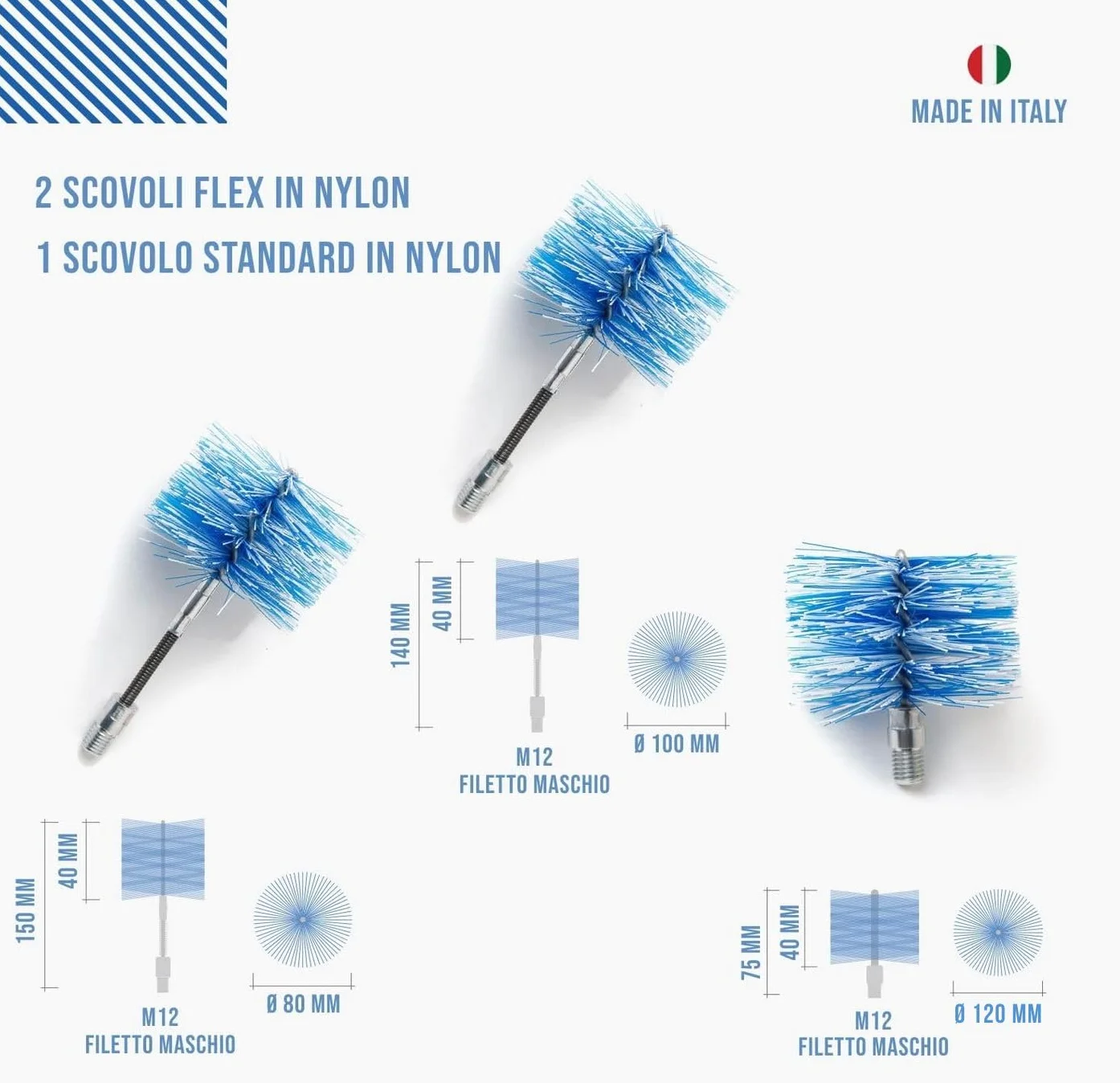BARETTO FLEX | Kit Pulizia Stufa a Pellet | Canna Fumaria Ø 80 + 100 + 120 mm | Lunghezza 6 m | 2 Spazzole Snodate + 1 Standard | Attacco M12